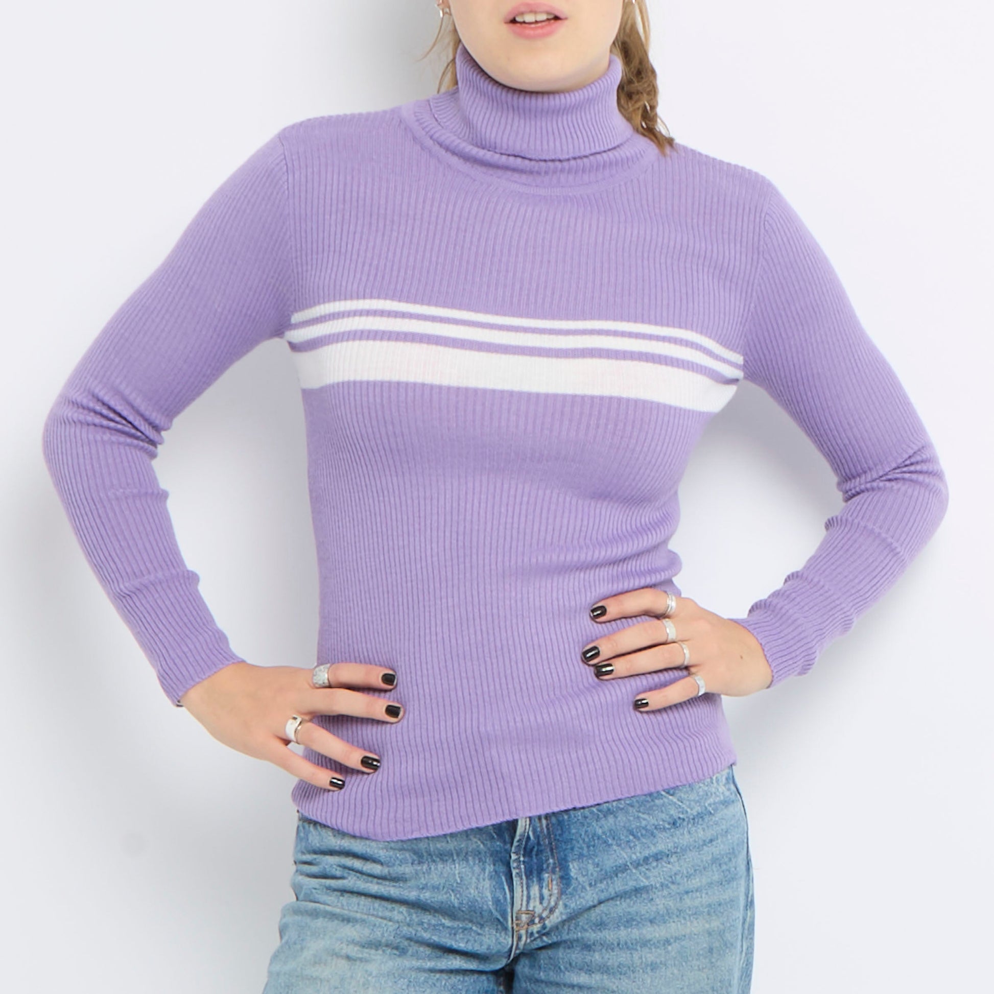 Ribbed Turtle Neck Long Sleeve Knitted Top - UK 8