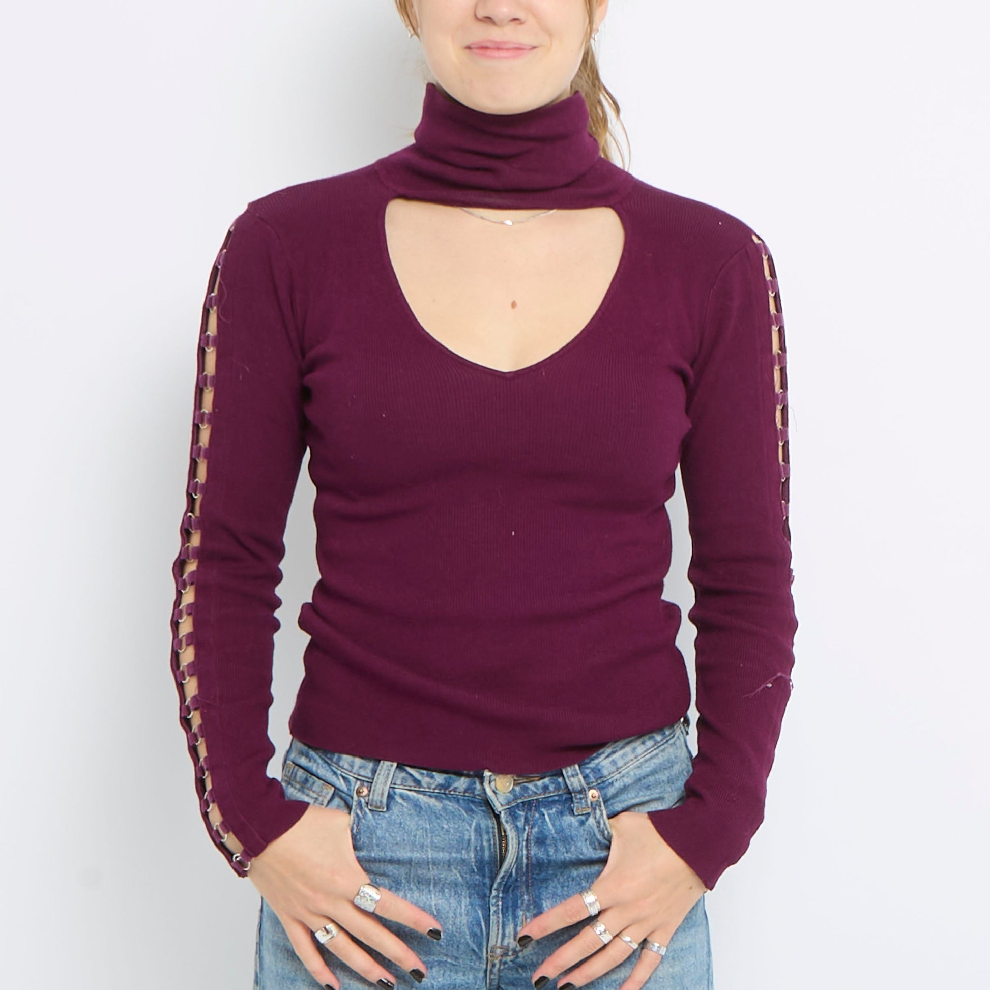 Ribbed Polo Neck Ring Detail Long Sleeve Top - UK 8