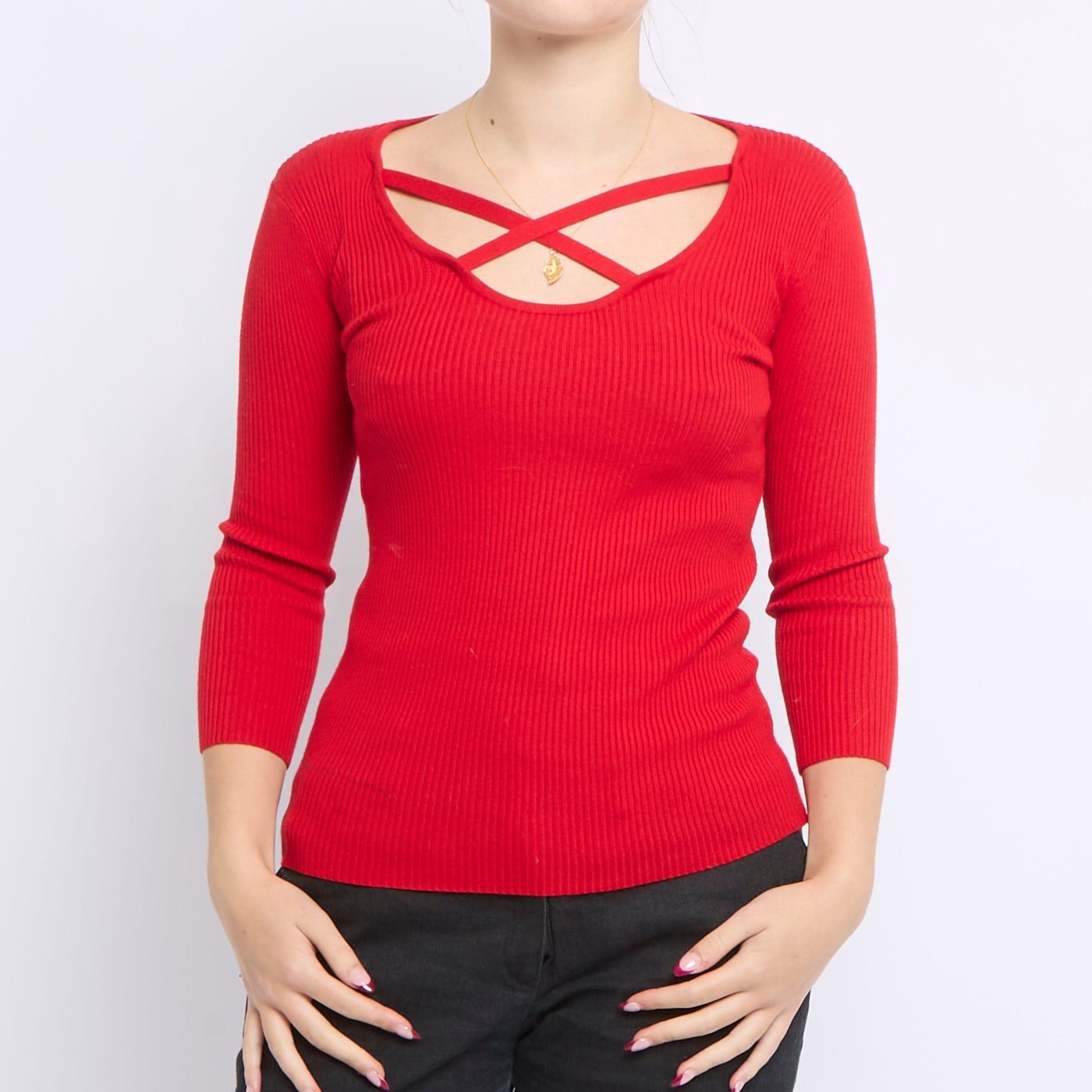 Round Neck Elastic Detail Ribbed Sweater - UK 8