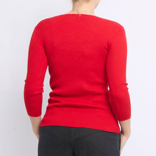 Round Neck Elastic Detail Ribbed Sweater - UK 8