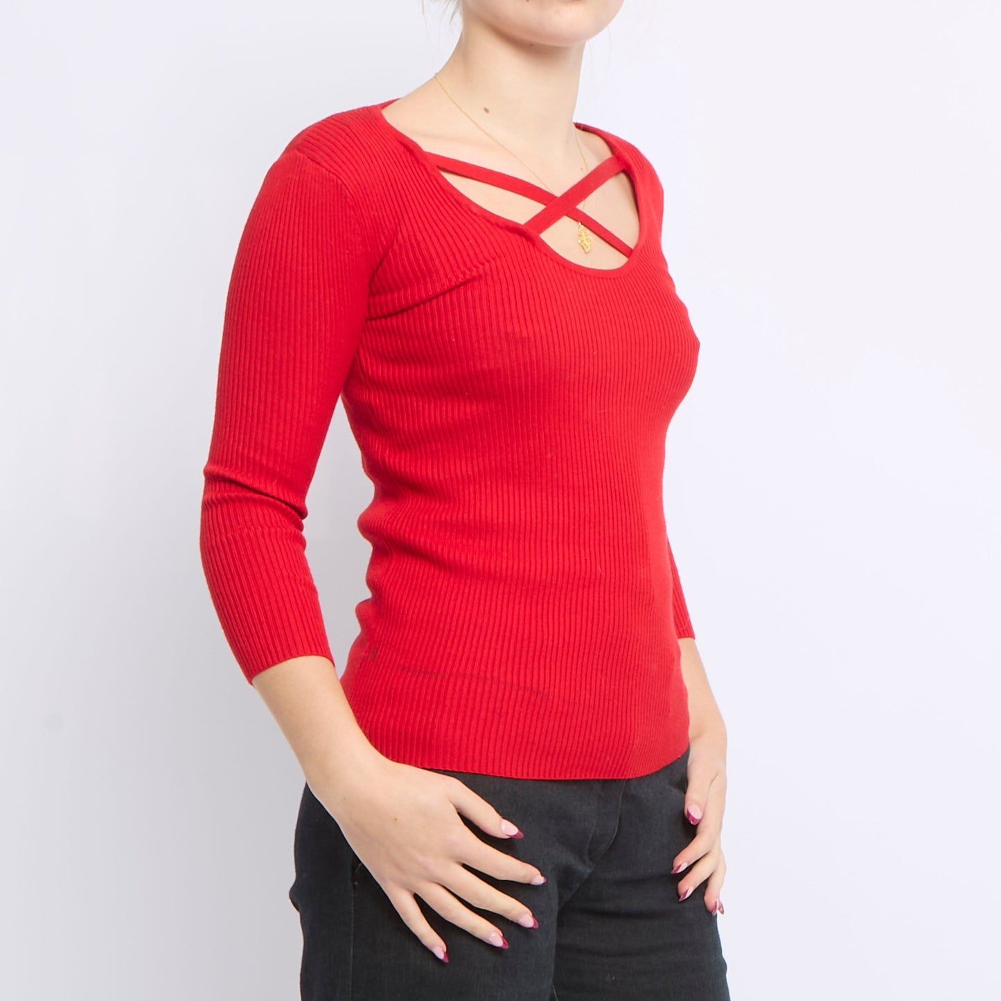 Round Neck Elastic Detail Ribbed Sweater - UK 8