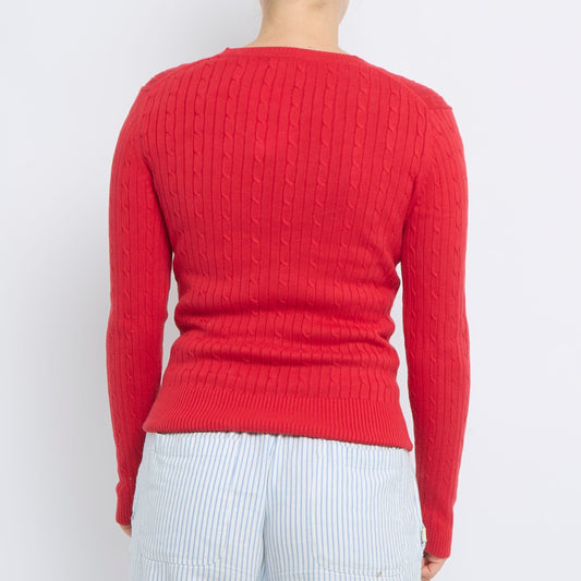 Tommy Hilfiger Cable Knit V-Neck Sweater - UK 8