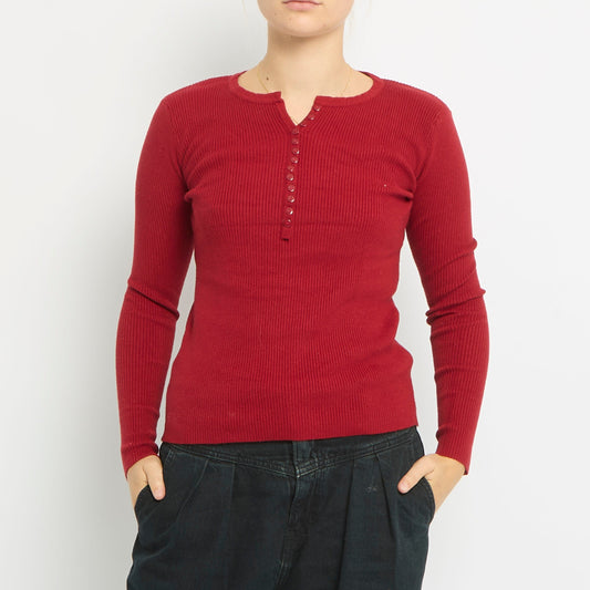 Ribbed Button V-Neck Long Sleeve Top-UK  8