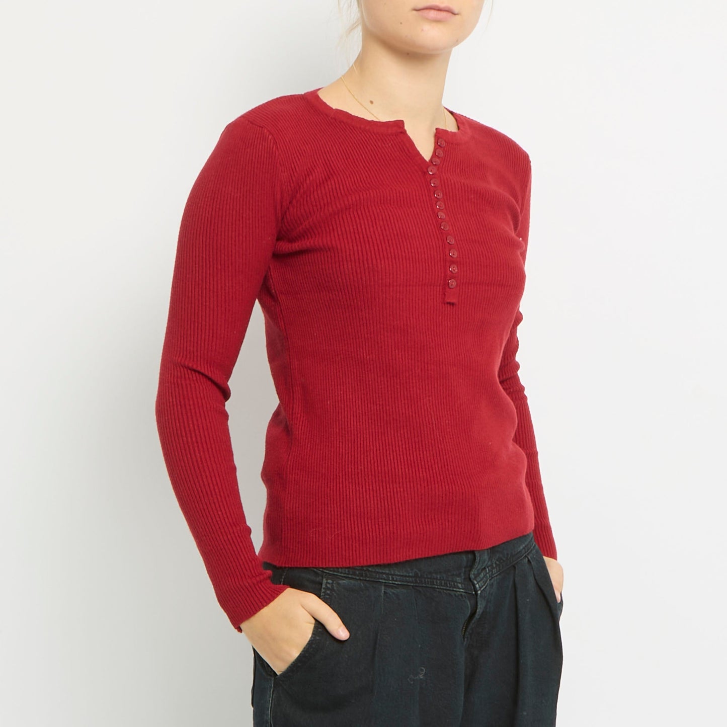 Ribbed Button V-Neck Long Sleeve Top-UK  8