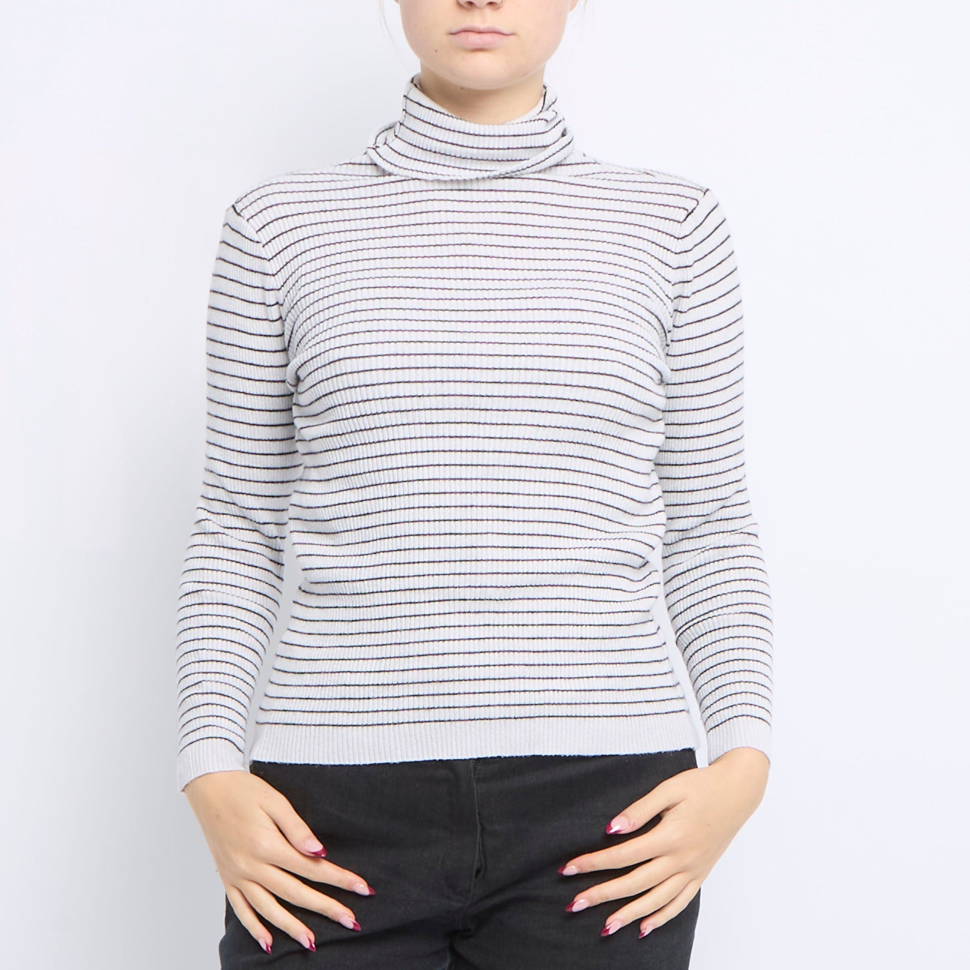 Striped Ribbed Turtleneck Sweater - UK 8