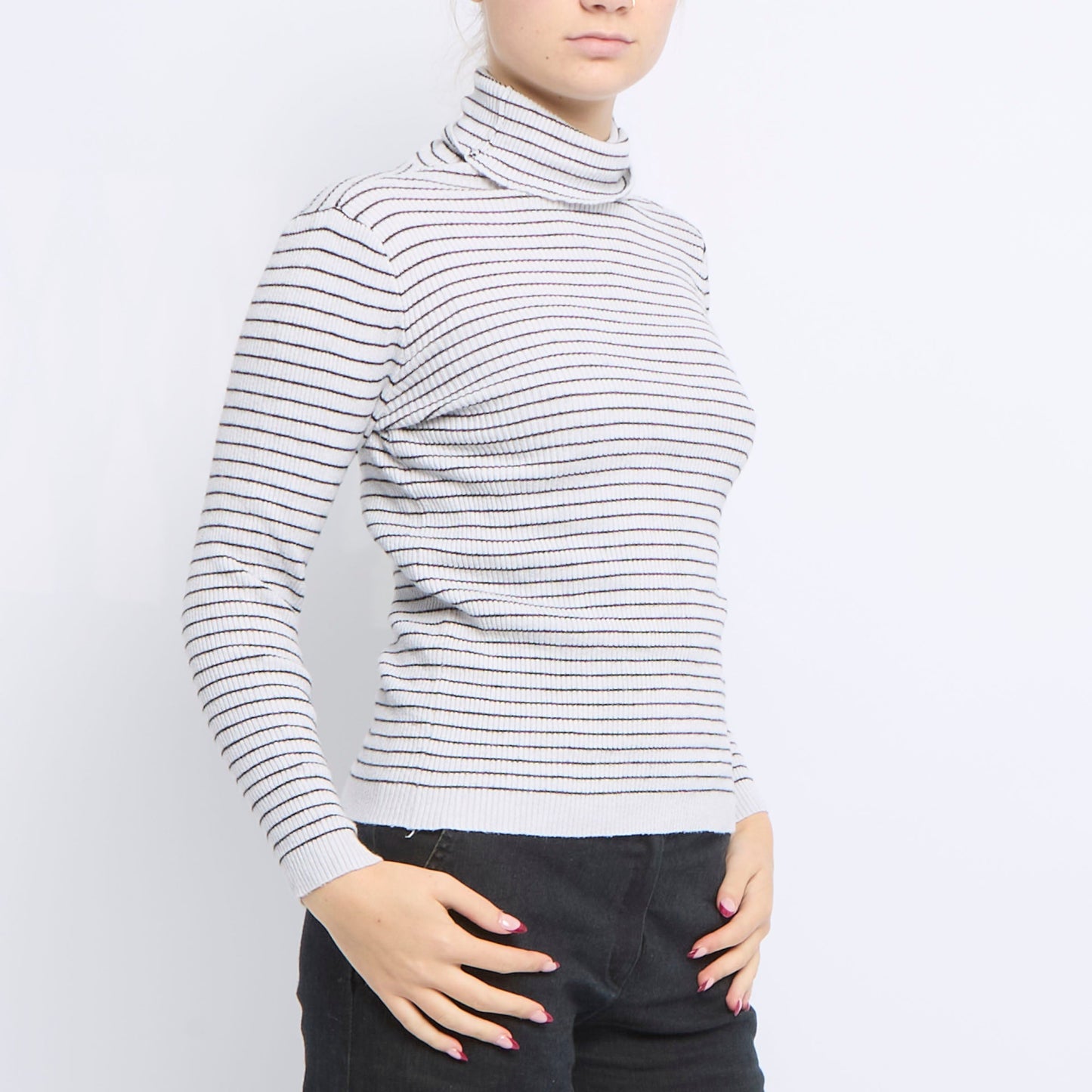 Striped Ribbed Turtleneck Sweater - UK 8