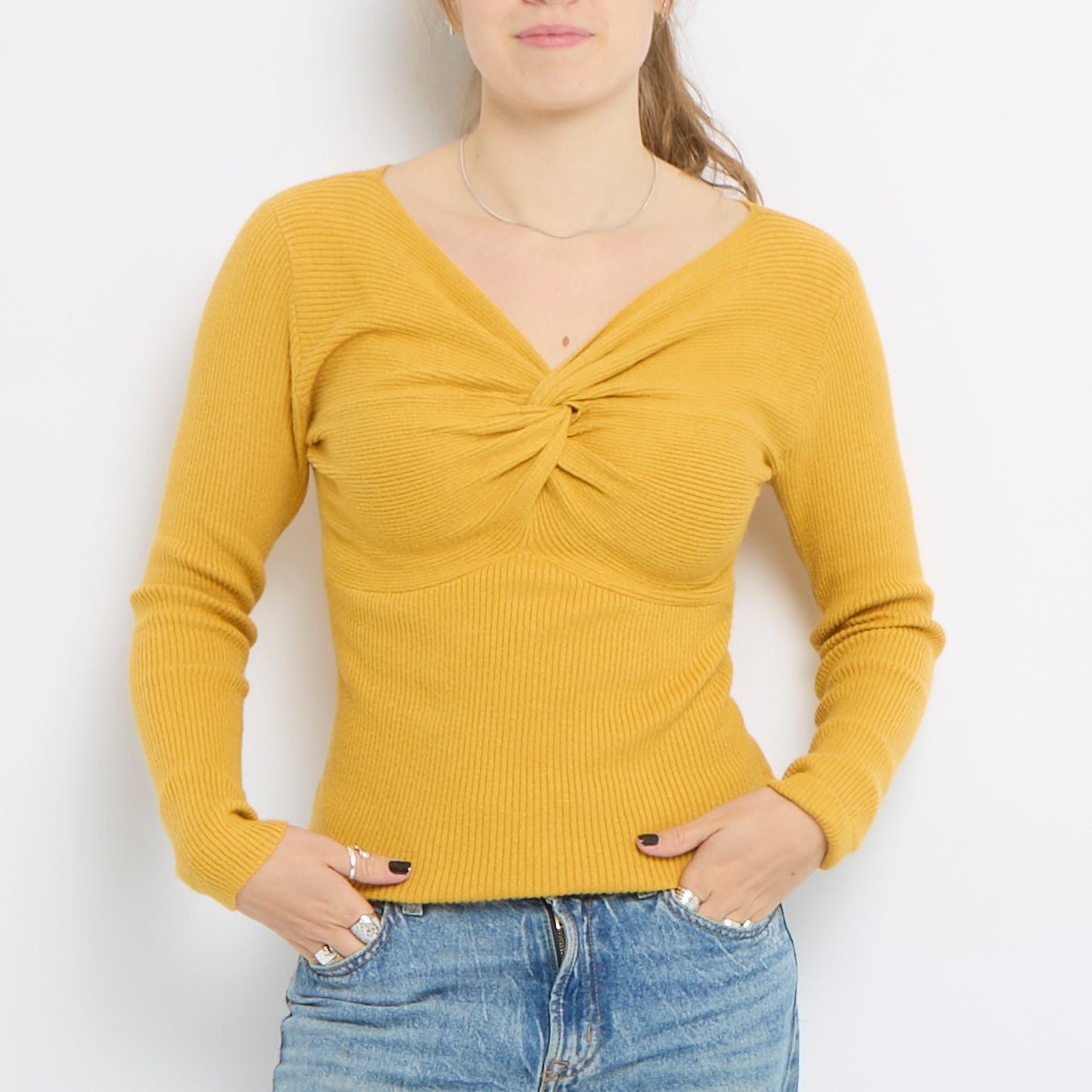 Knot Detail Ribbed V-Neck Top - UK 8