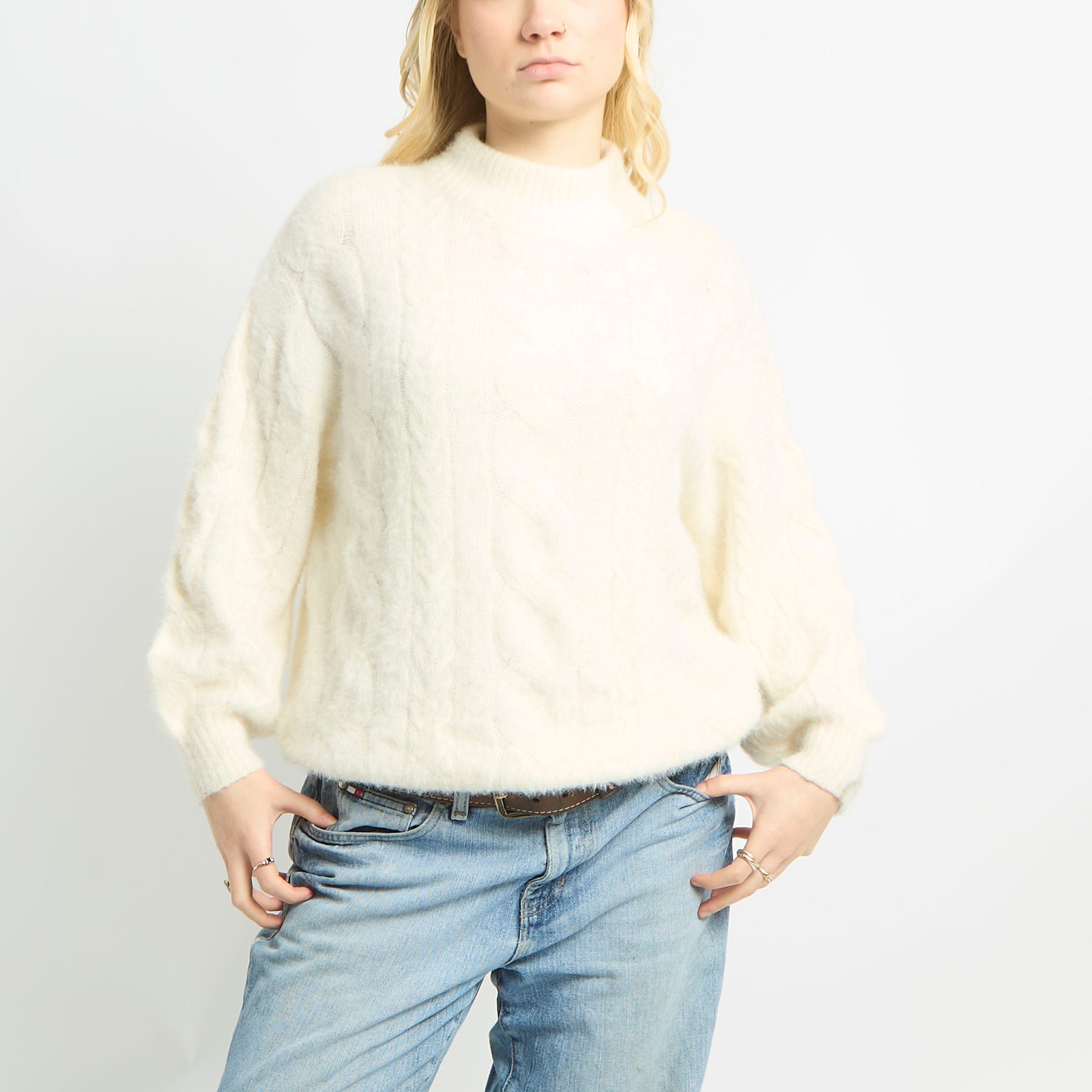 Fluffy High Neck Cable Knit Jumper - L