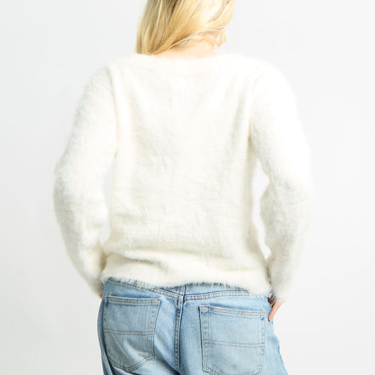 Fluffy Long Sleeve Wide Neck Jumper - L