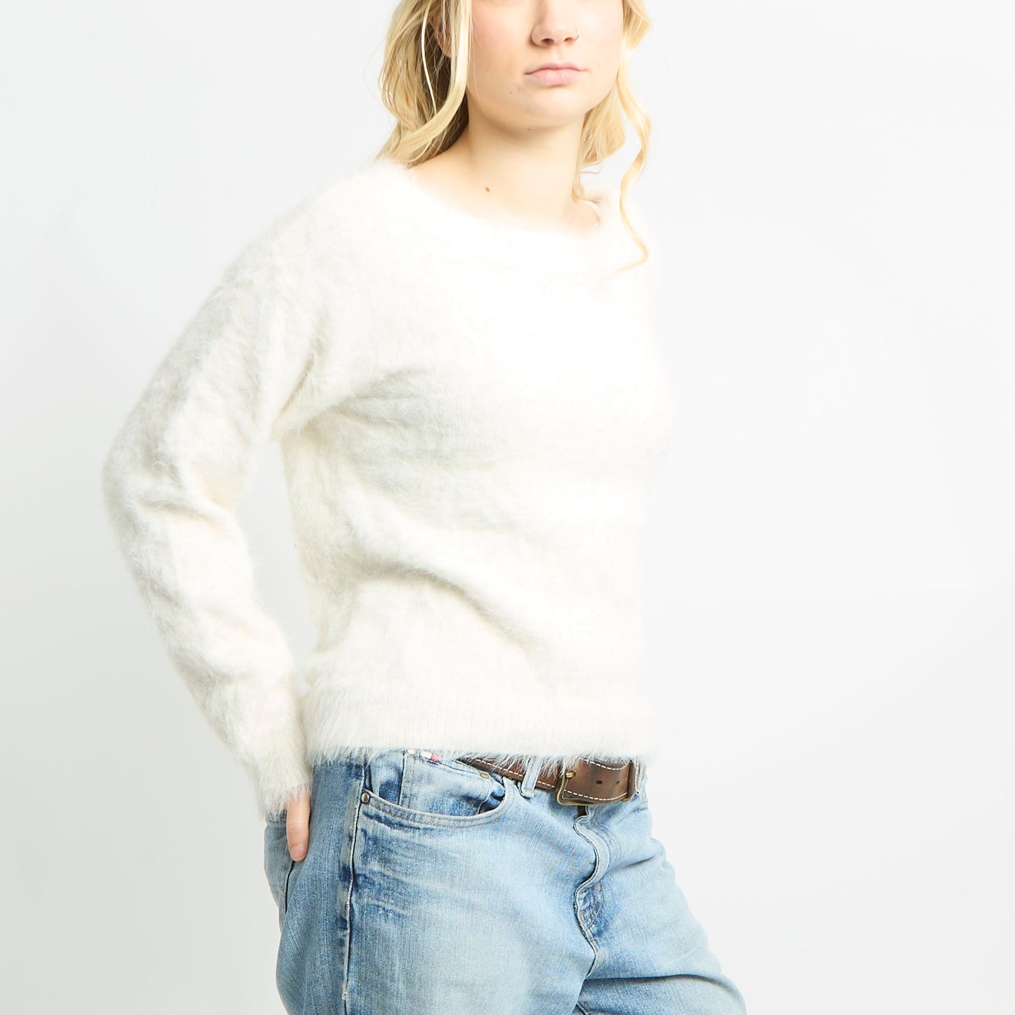 Fluffy Long Sleeve Wide Neck Jumper - L