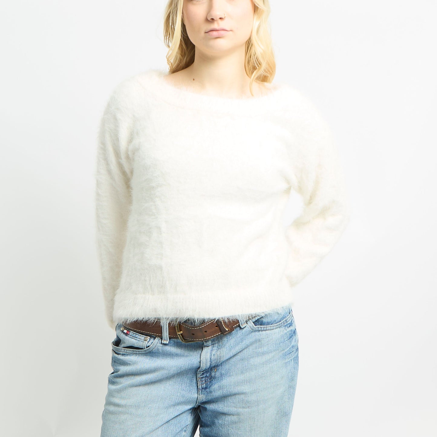 Fluffy Long Sleeve Wide Neck Jumper - L