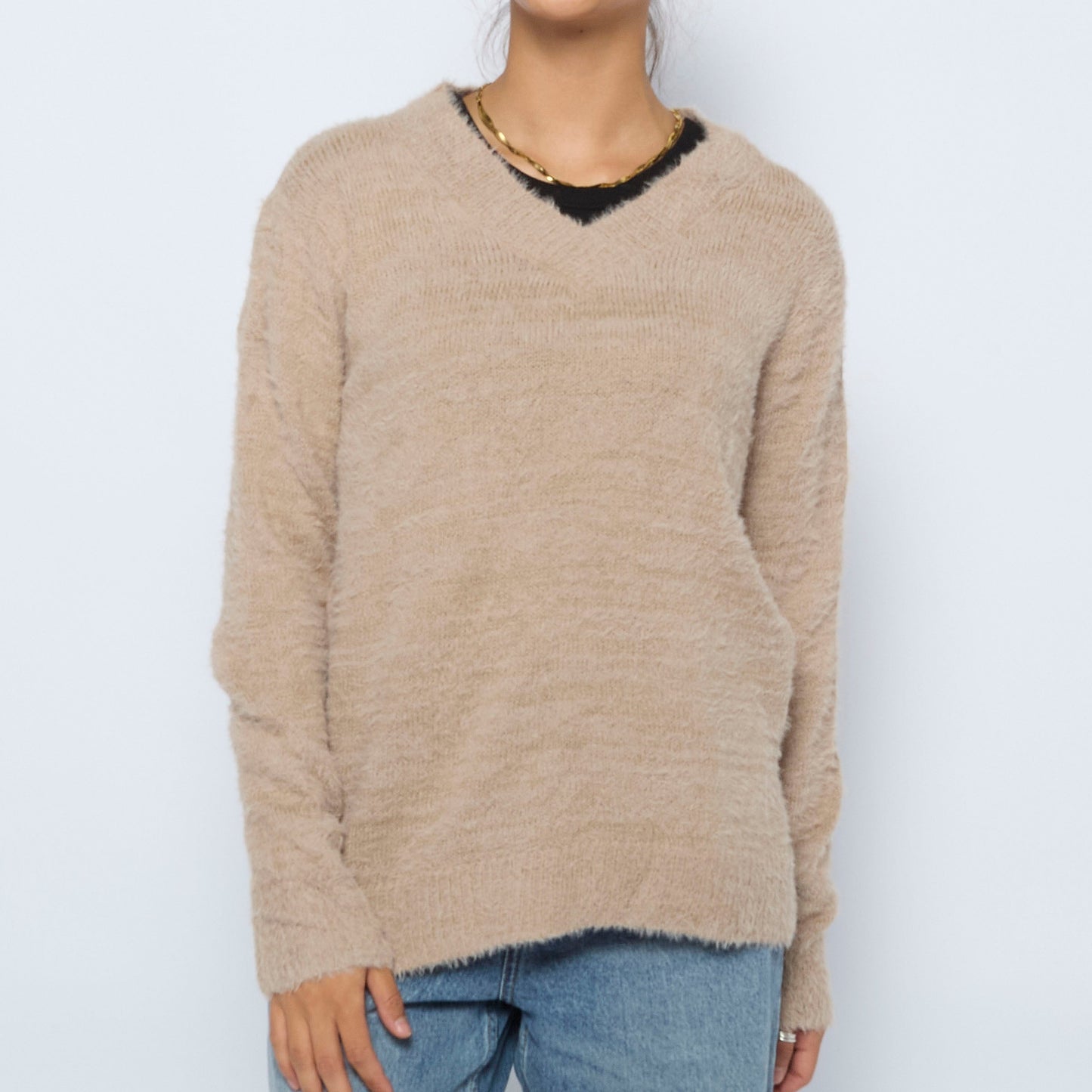 Womens Chocol Raffine V-Neck Frayed Fluffy Jumper - M