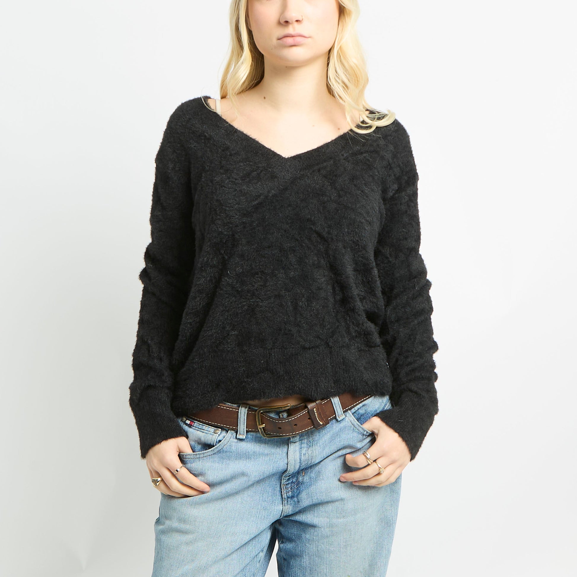 Fluffy Long Sleeve Wide V Neck Jumper - M