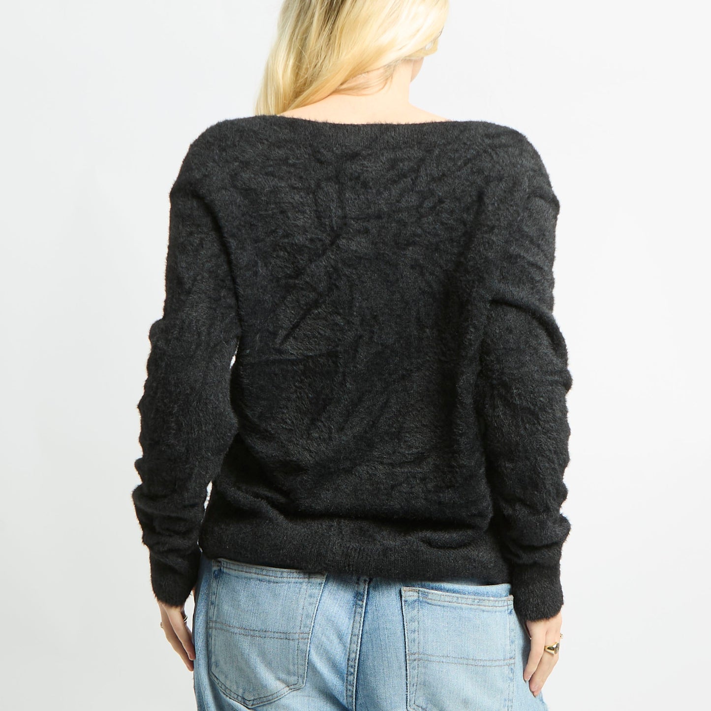 Fluffy Long Sleeve Wide V Neck Jumper - M