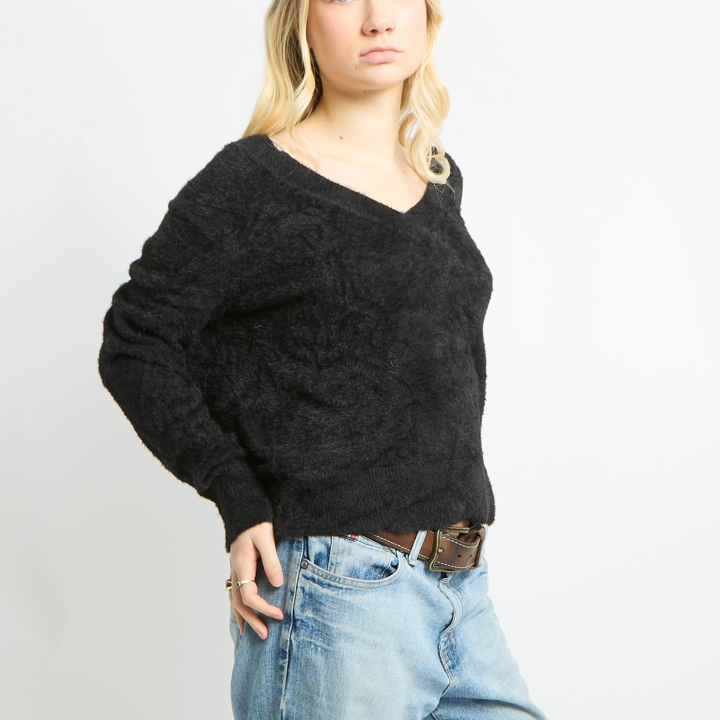 Fluffy Long Sleeve Wide V Neck Jumper - M