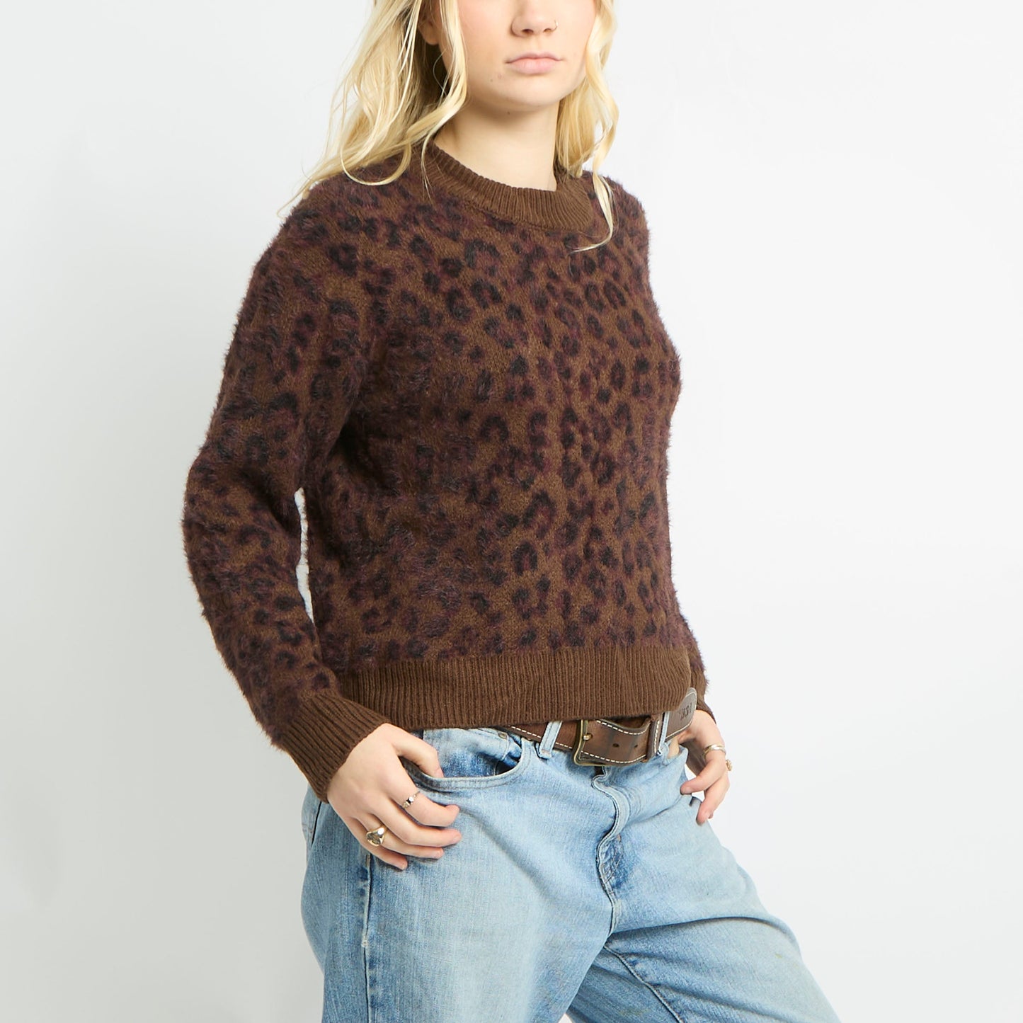 Fluffy Leopard Jumper With Ribbed Cuffs - M