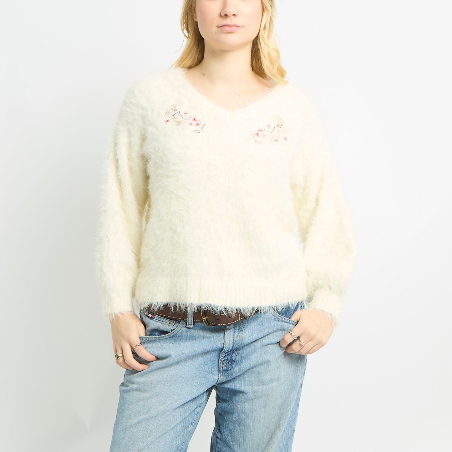 Fluffy V Neck Jumper With Floral Embroidery - M