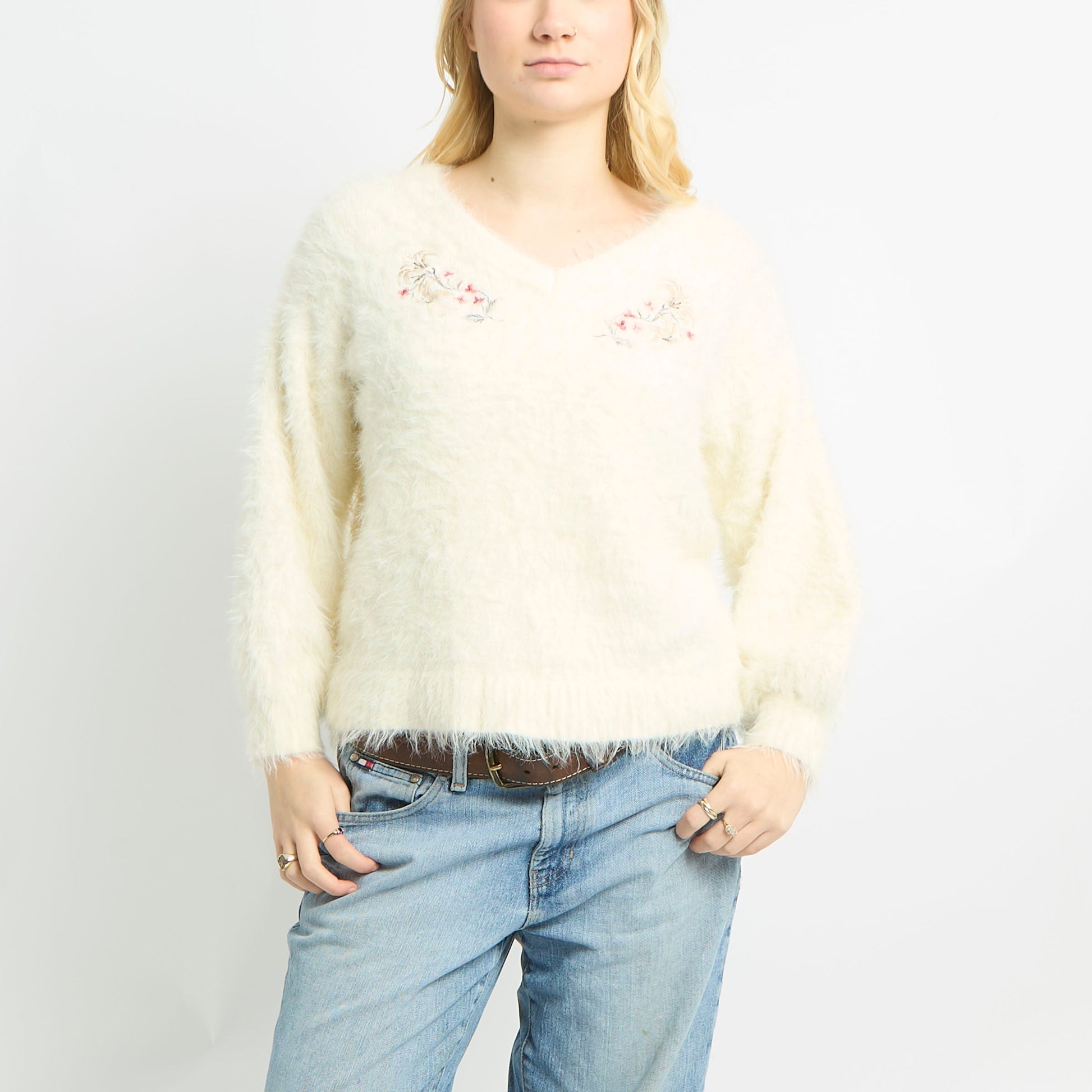 Fluffy V Neck Jumper With Floral Embroidery - M