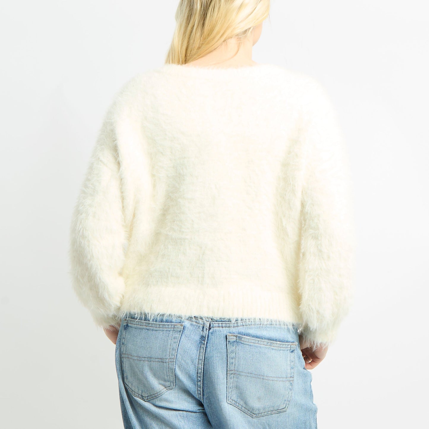 Fluffy V Neck Jumper With Floral Embroidery - M