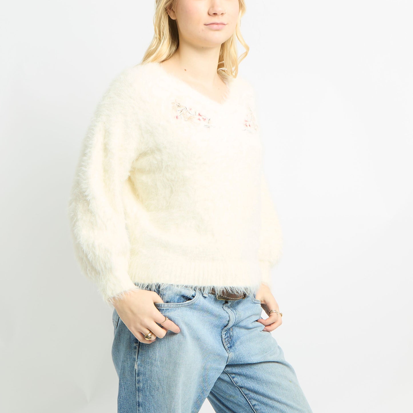 Fluffy V Neck Jumper With Floral Embroidery - M