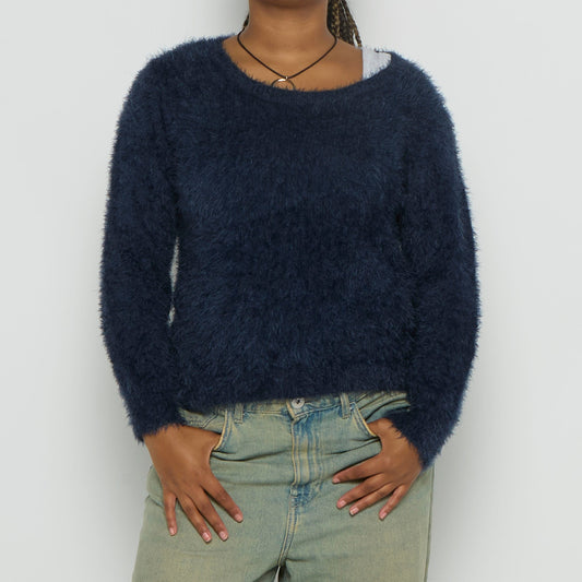 Womens We Are Frayed Fluffy Crewneck Sweater - M