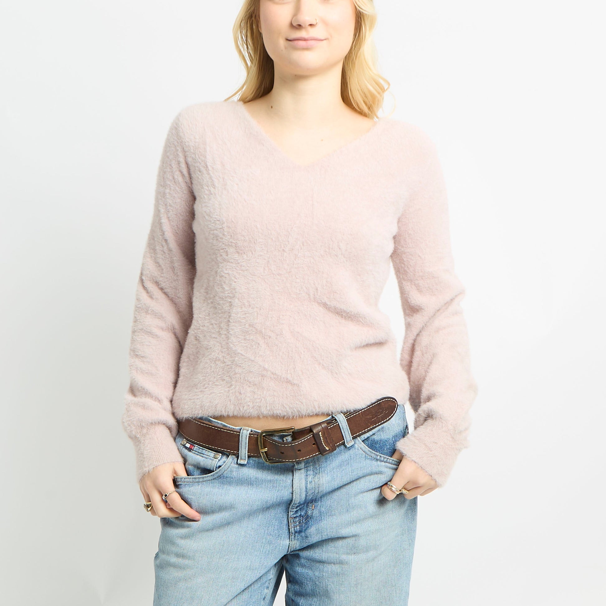 Fluffy Long Sleeve Wide Neck Jumper - S