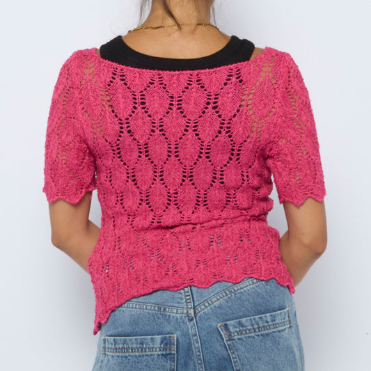 Crochet Boat Neck Short Sleeve Top - S