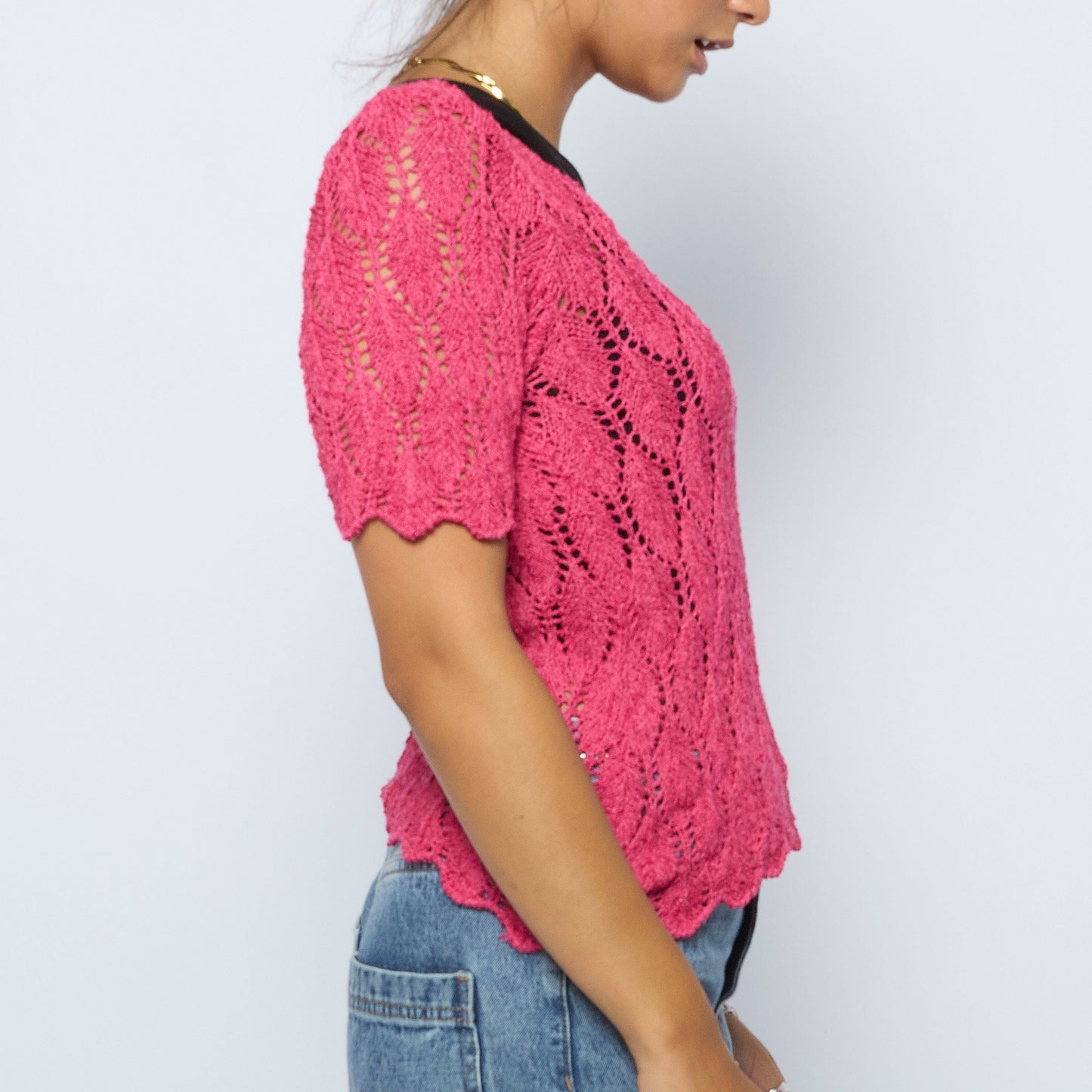 Crochet Boat Neck Short Sleeve Top - S