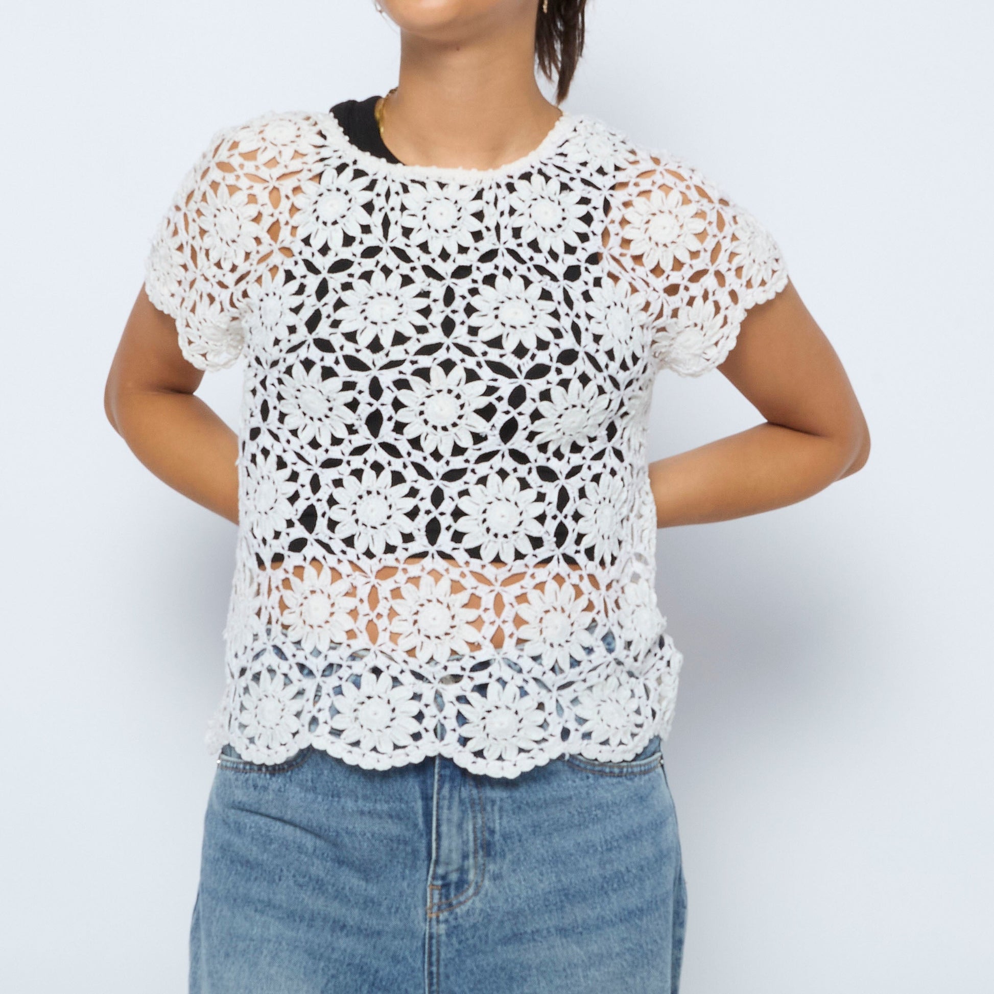 Crochet Cap Sleeve Knitwear Top - S