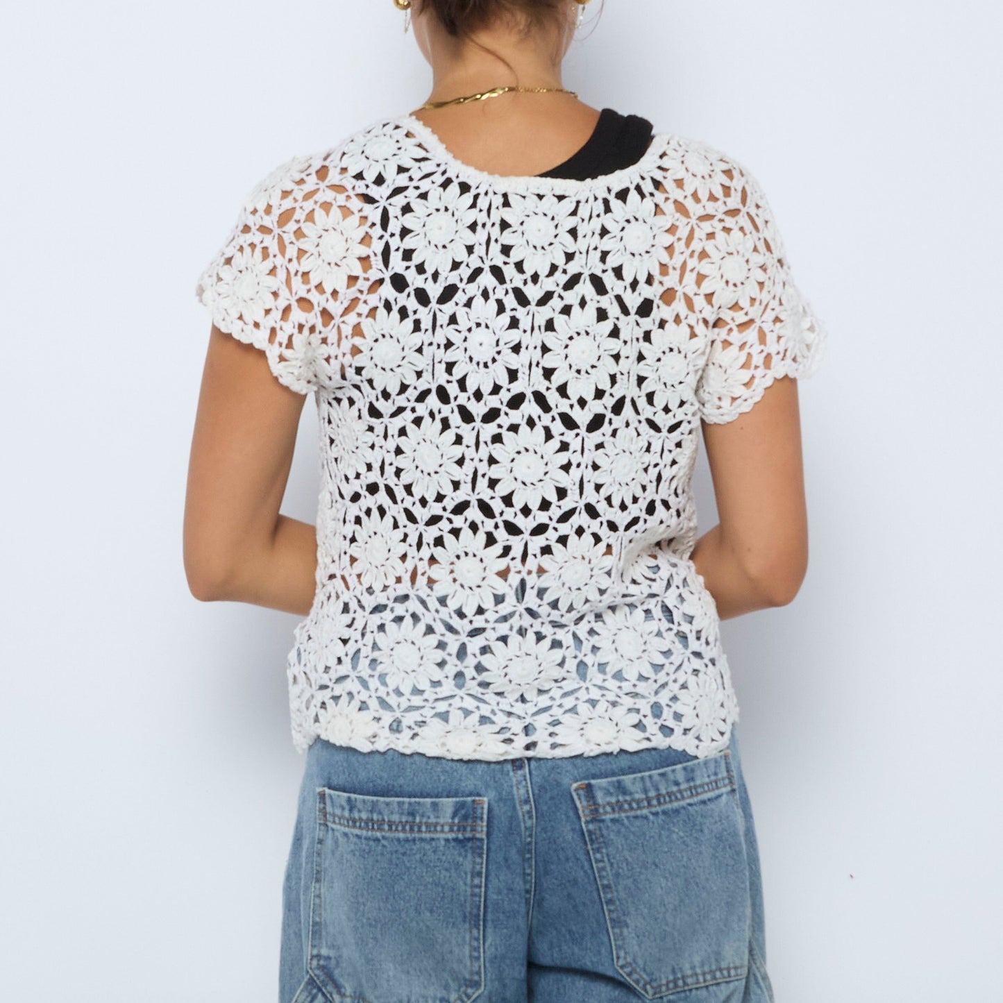 Crochet Cap Sleeve Scalloped Hem Top - S