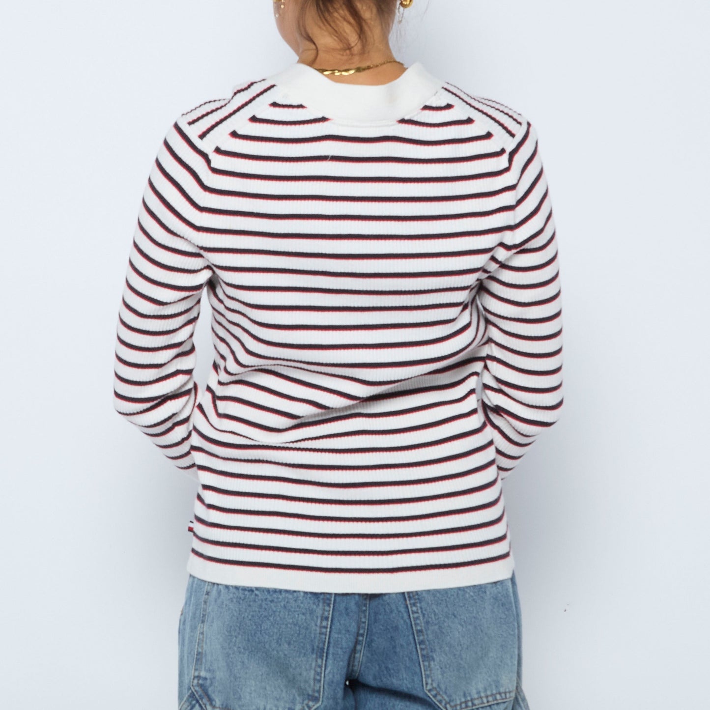 Tommy Hilfiger V Neck Contrast Cuffs Stripe Sweater - S