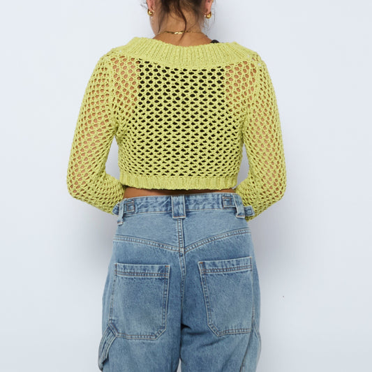 Crochet V-Neck Crop Sweater - XS