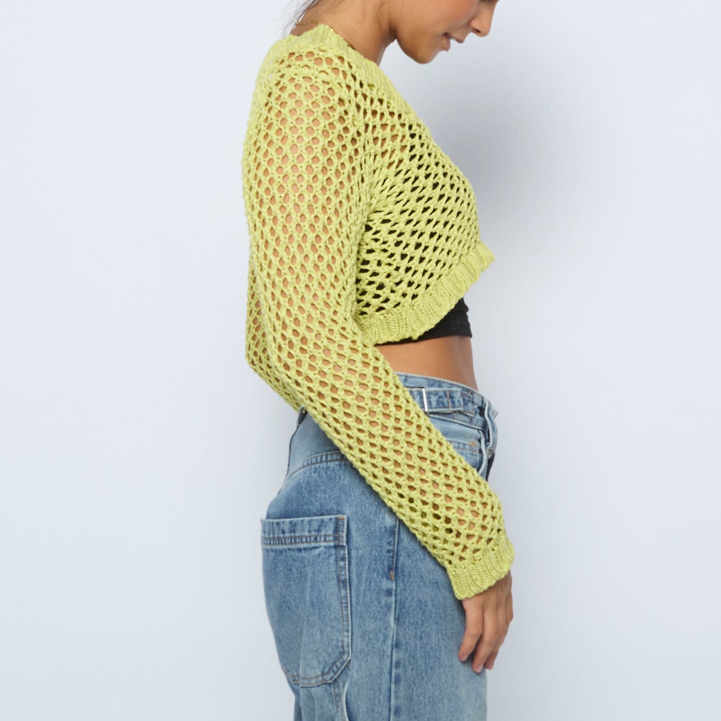 Crochet V-Neck Crop Sweater - XS