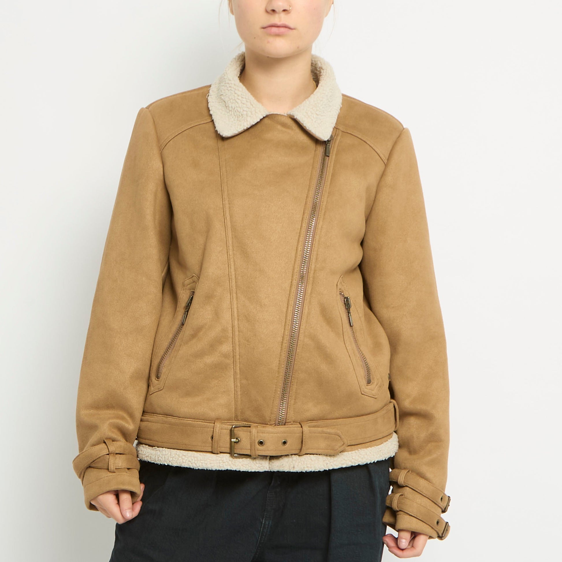 Faux Suede Belted Side Zip Jacket -UK 12