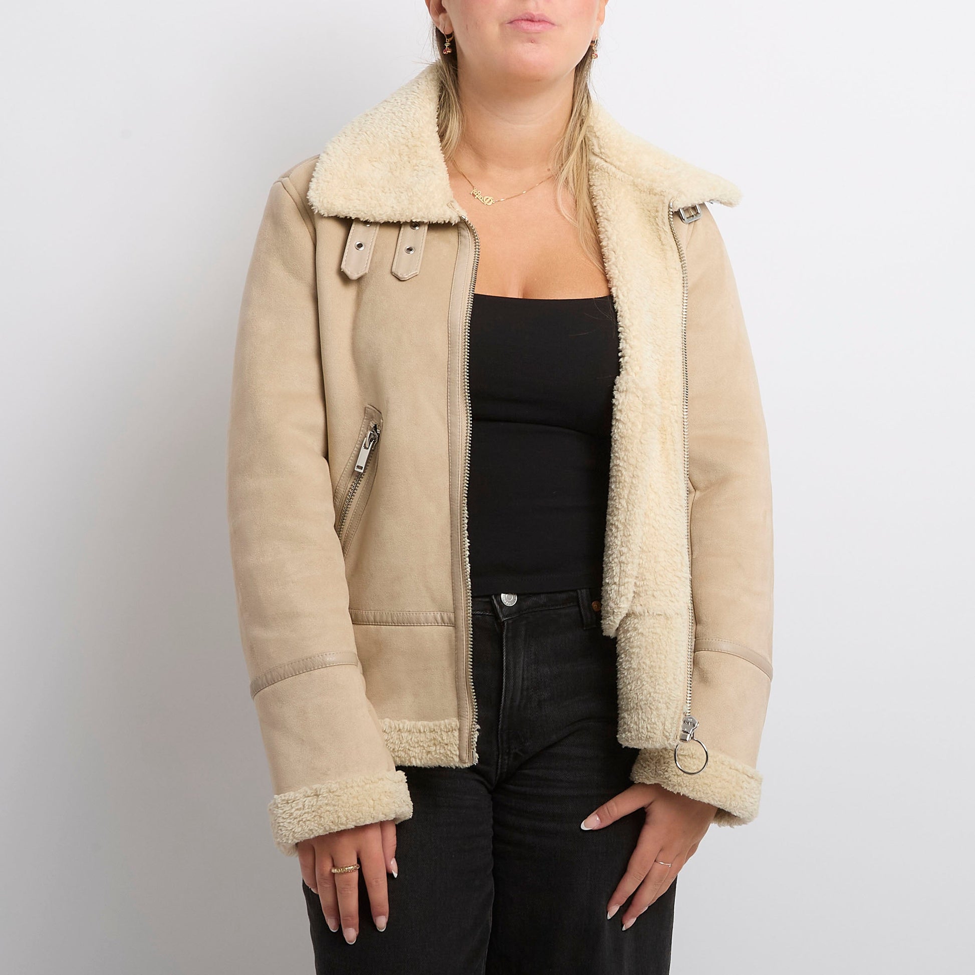 Fluffy Lined Suade Pilot Jacket - UK 10