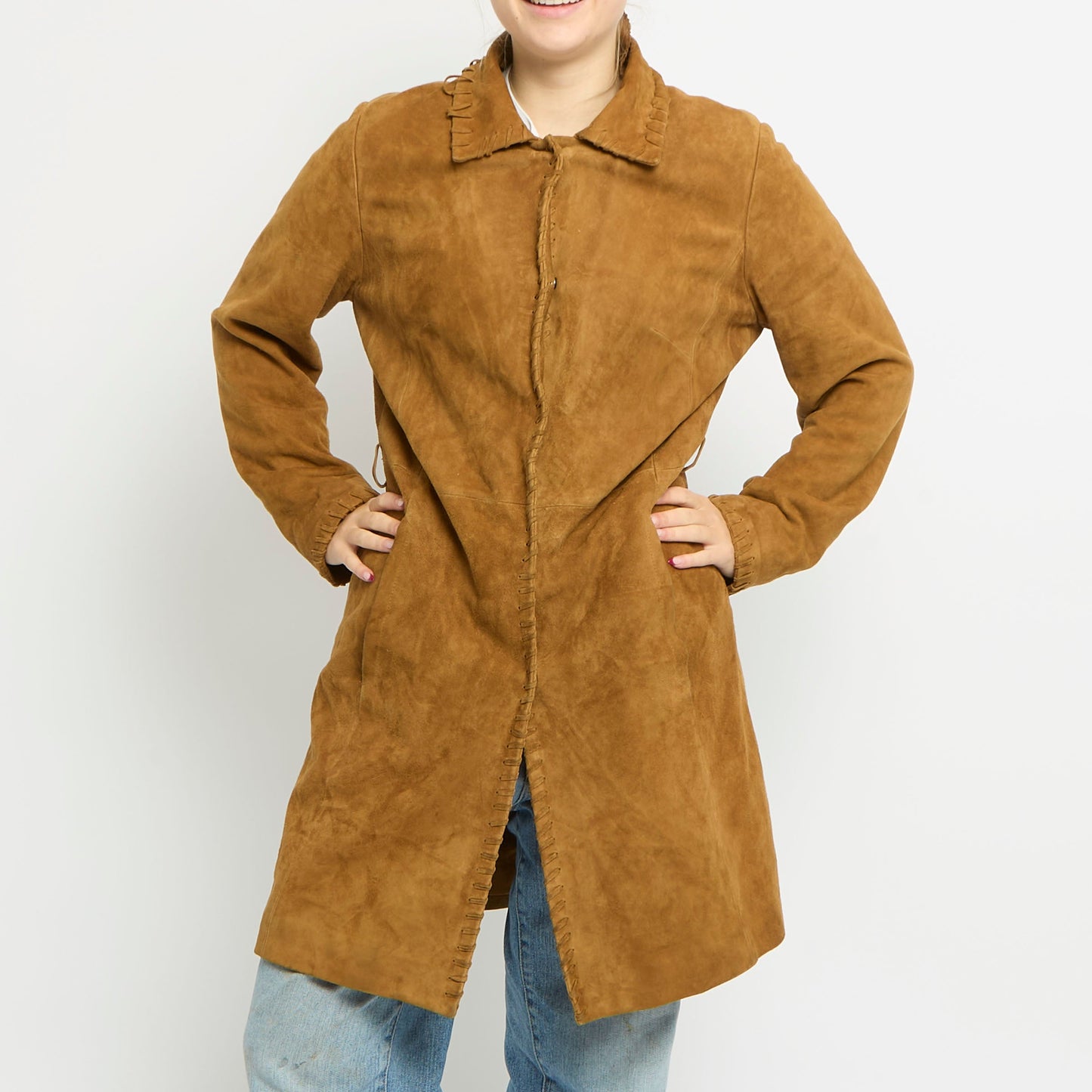 Suede Lace Up Detail Hem Trench Coat - UK 10