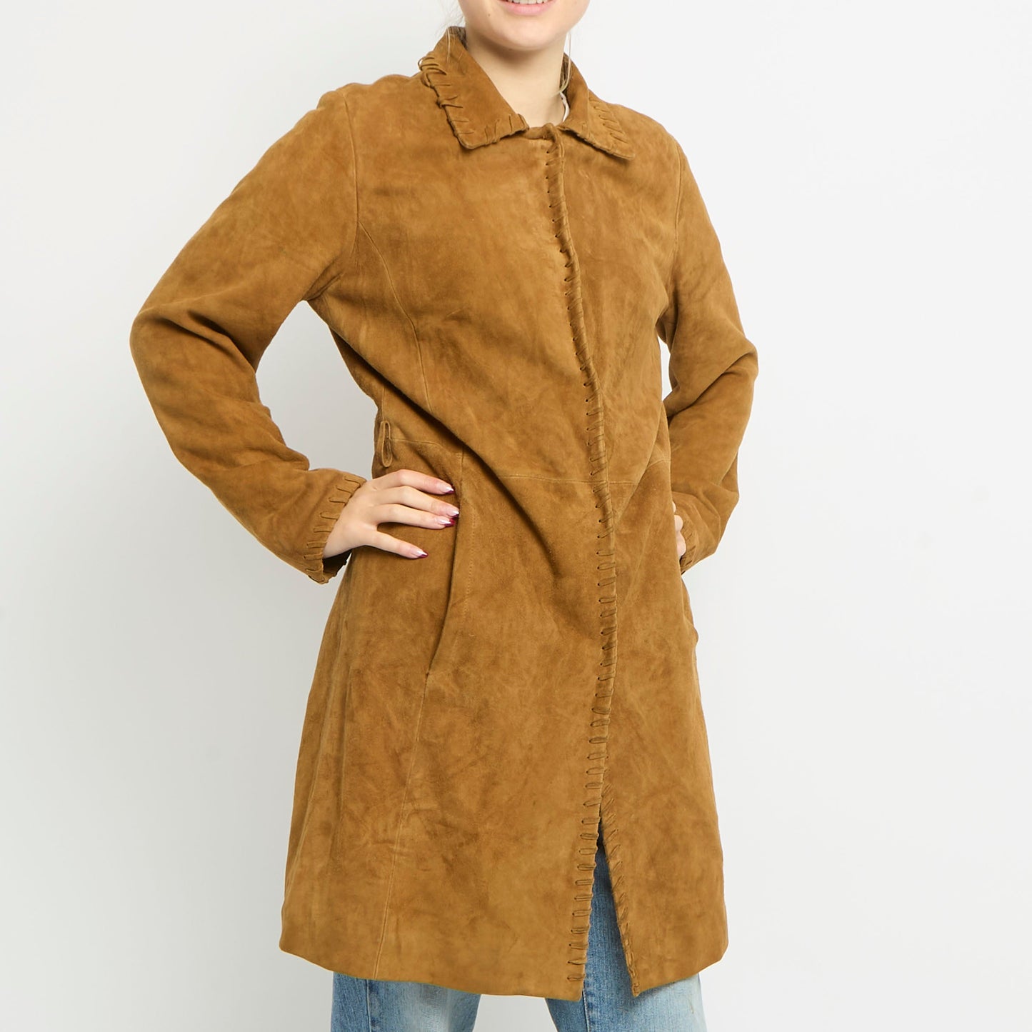 Suede Lace Up Detail Hem Trench Coat - UK 10