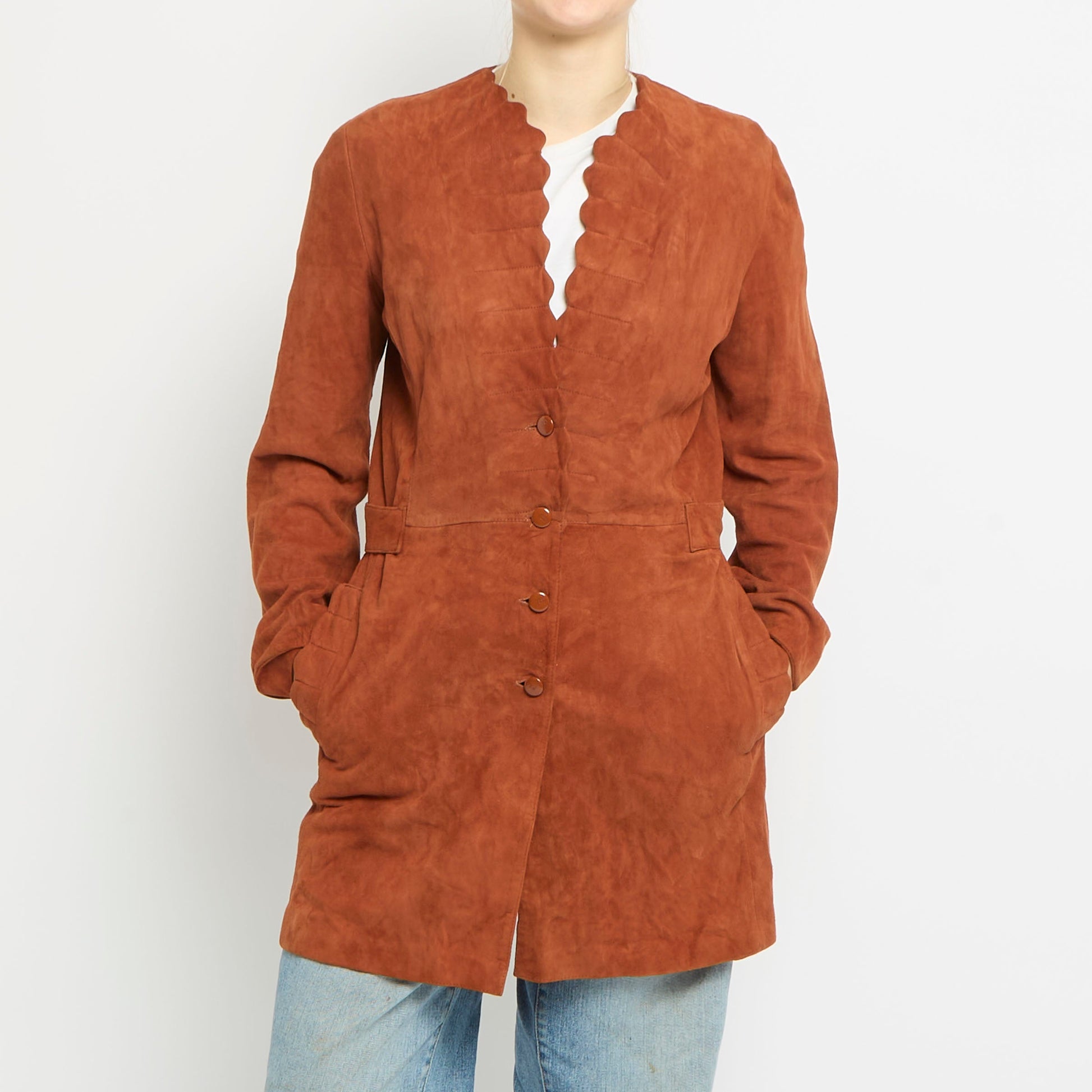 Suede Belted Waist Scallop Hem Trench Coat - UK 10