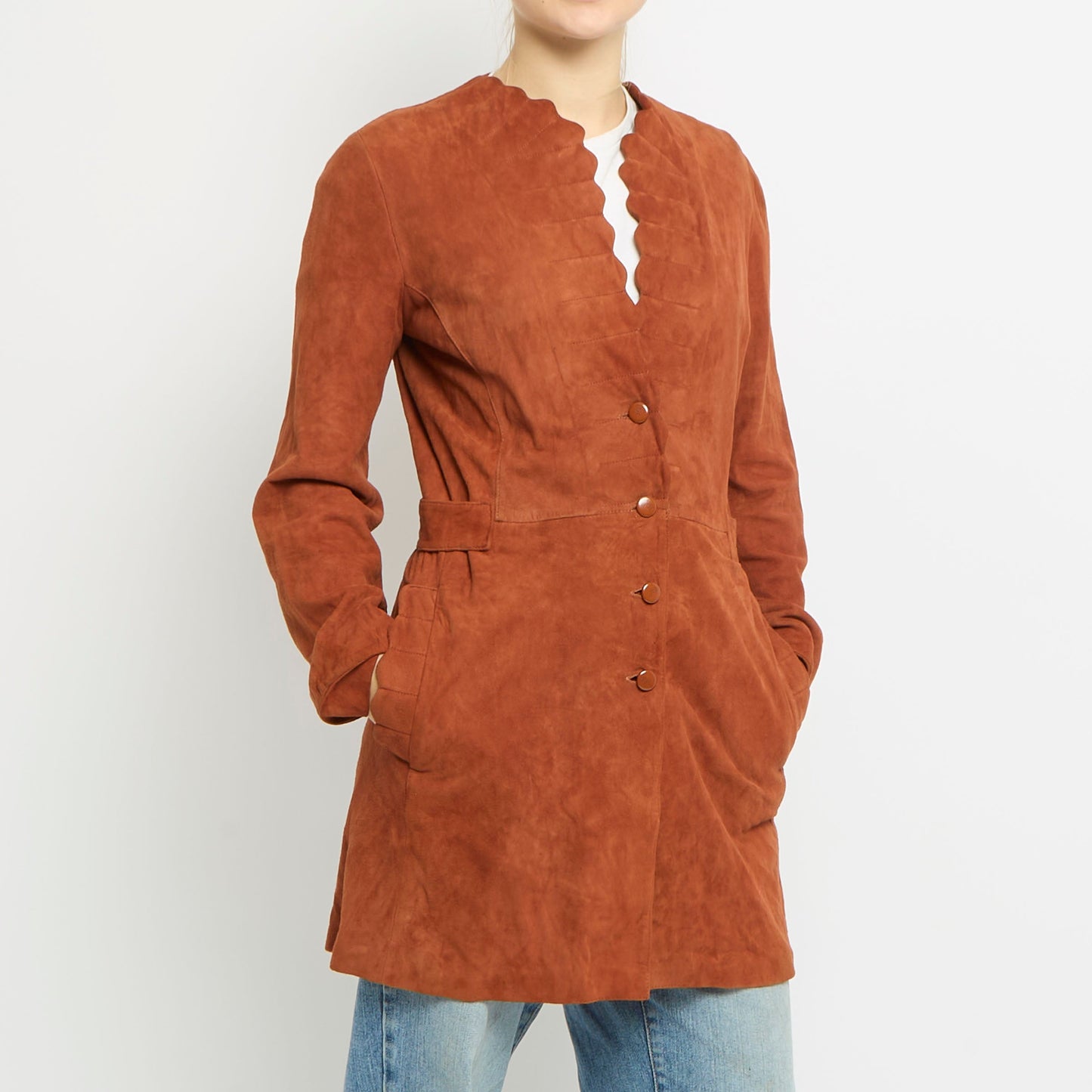 Suede Belted Waist Scallop Hem Trench Coat - UK 10