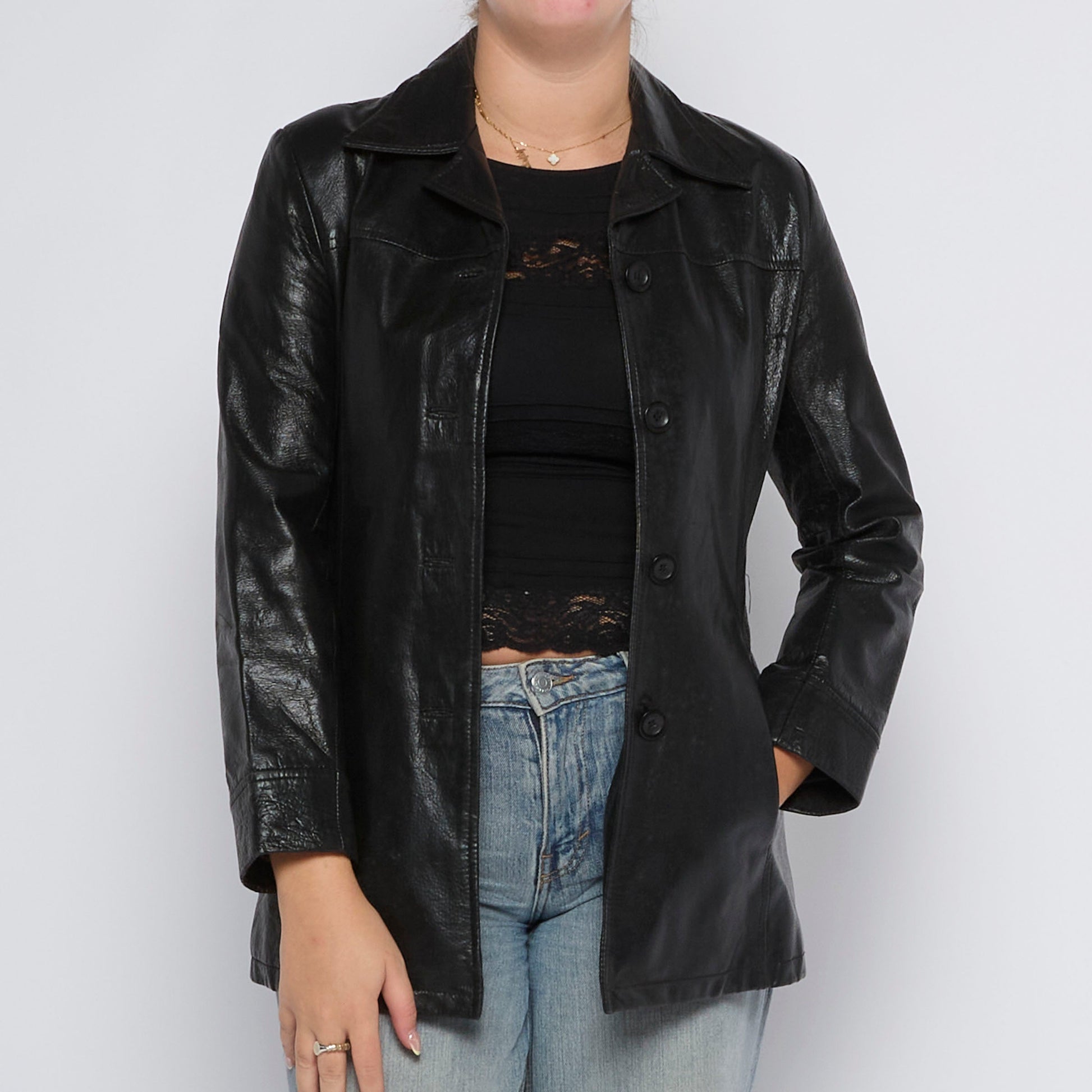 Double Breasted Crumpled Leather Jacket - UK 10