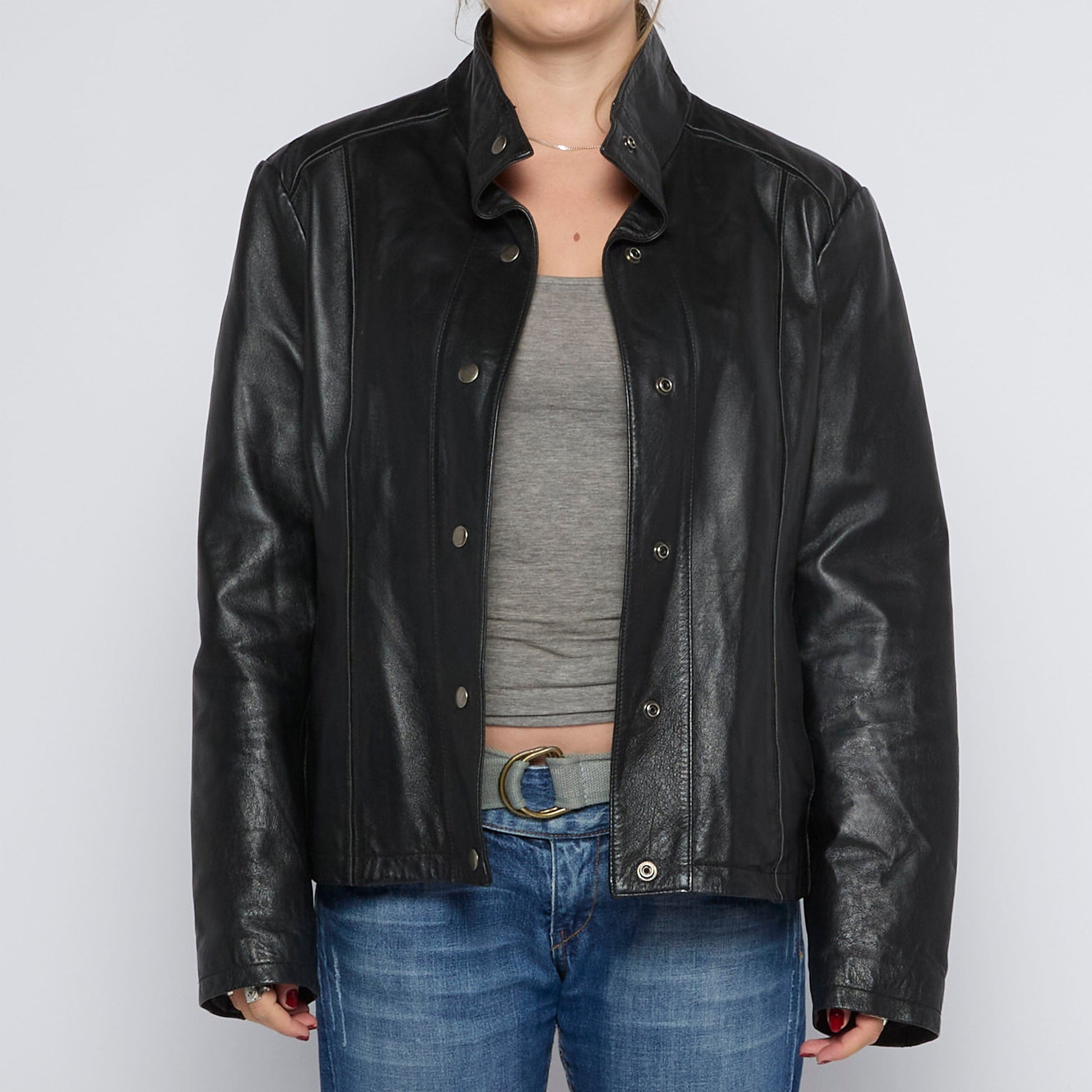 Popper Button Leather Jacket - UK 10