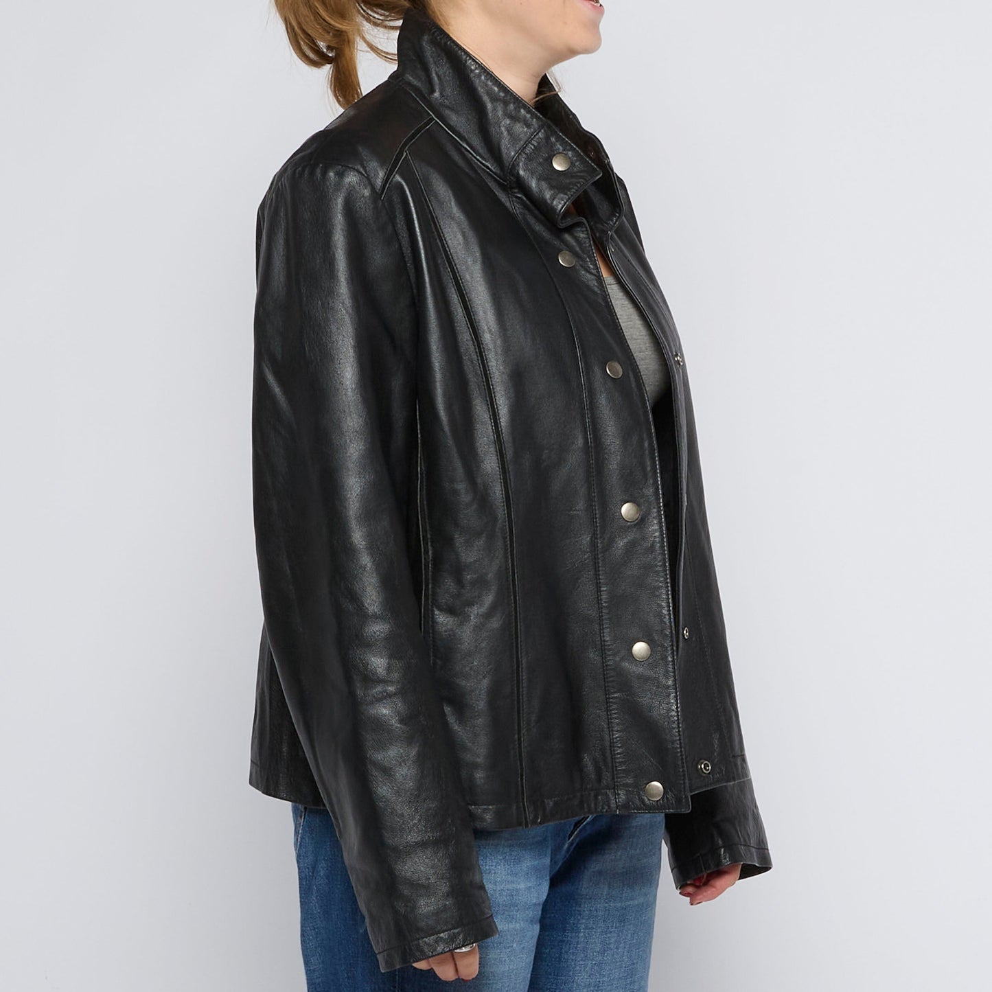 Popper Button Leather Jacket - UK 10