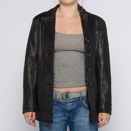 Collared Buttoned Leather Jacket - UK 10