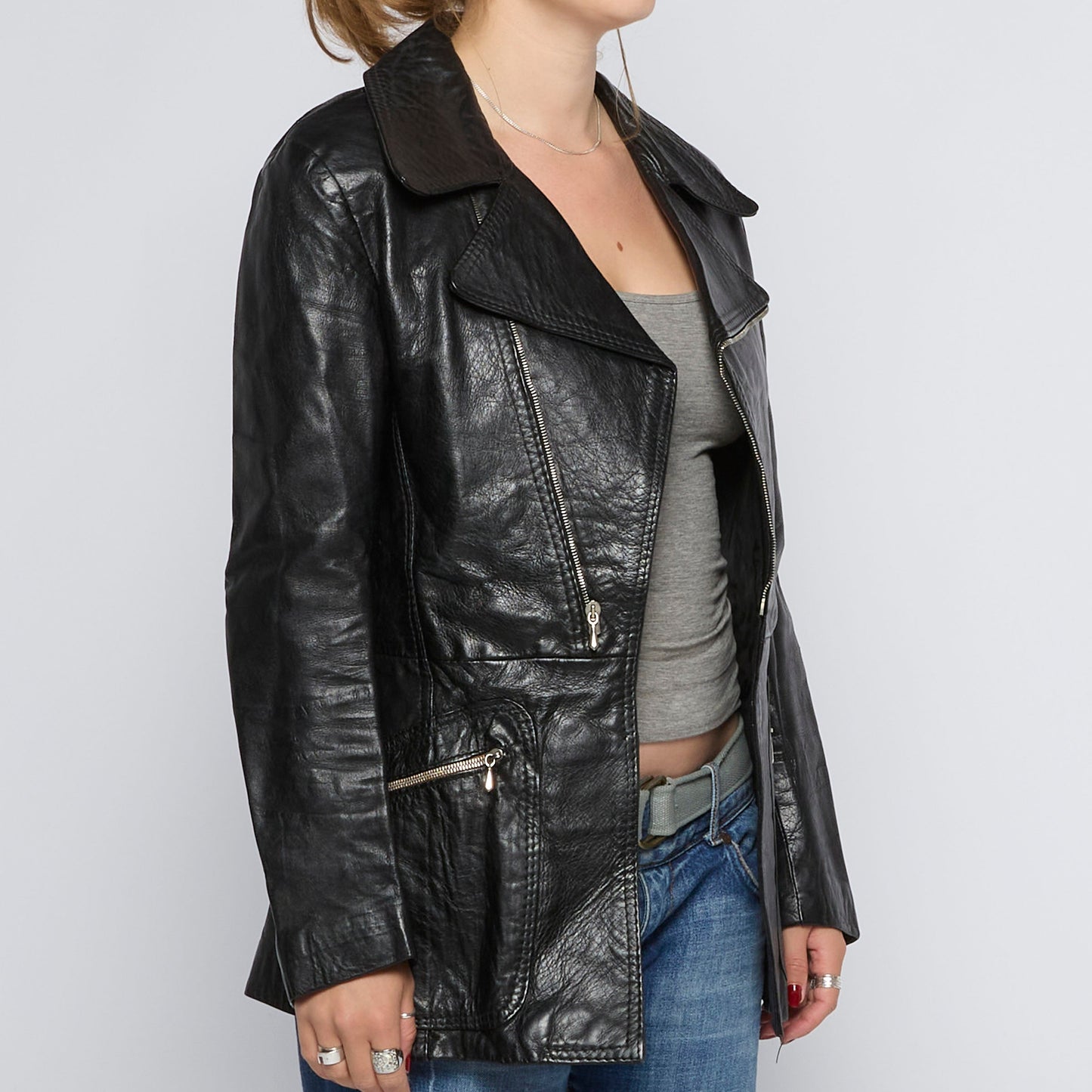 Biker Style Long Leather Jacket - UK 10