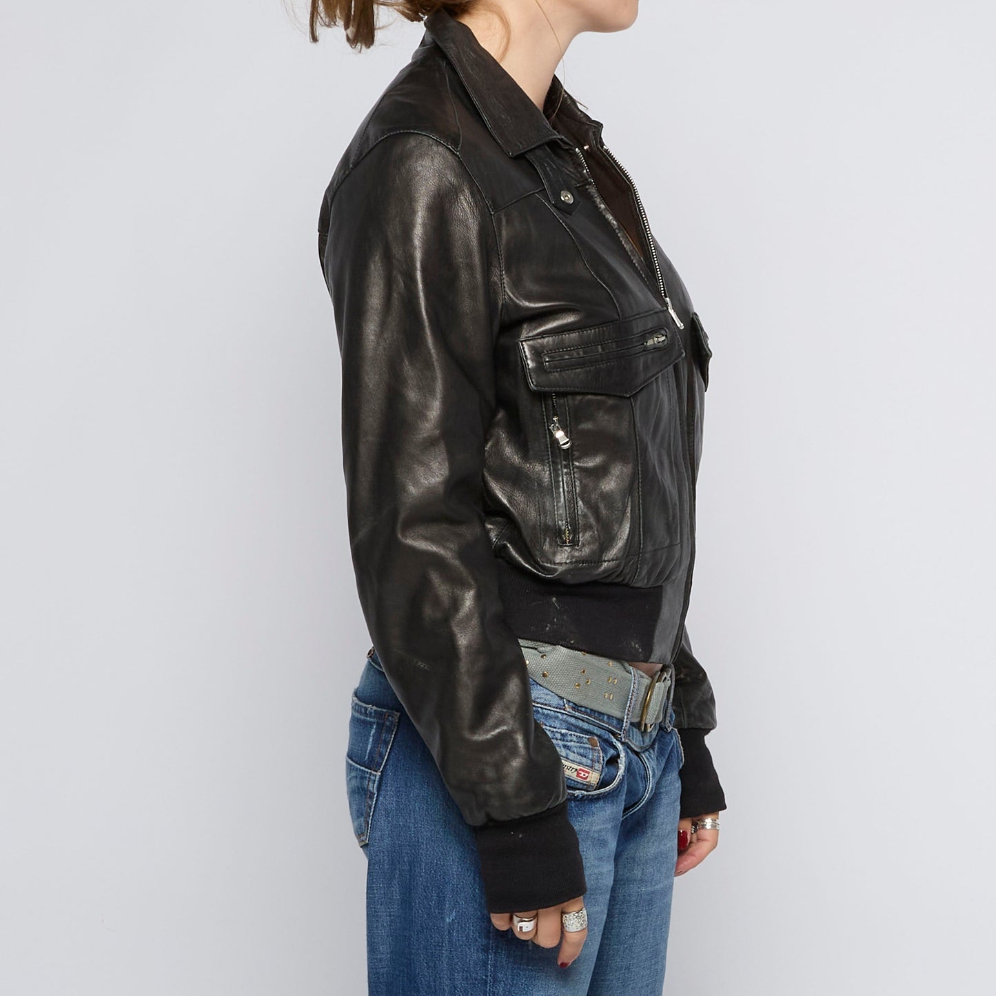 Cropped Leather Bomber Jacket - UK 10