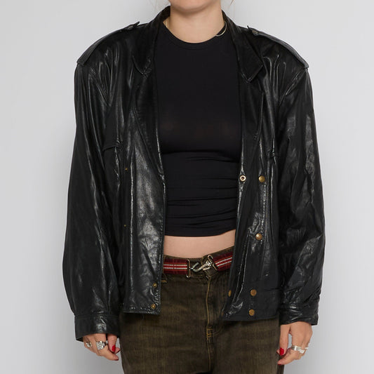 Popper Button Oversized Leather Jacket - UK 10