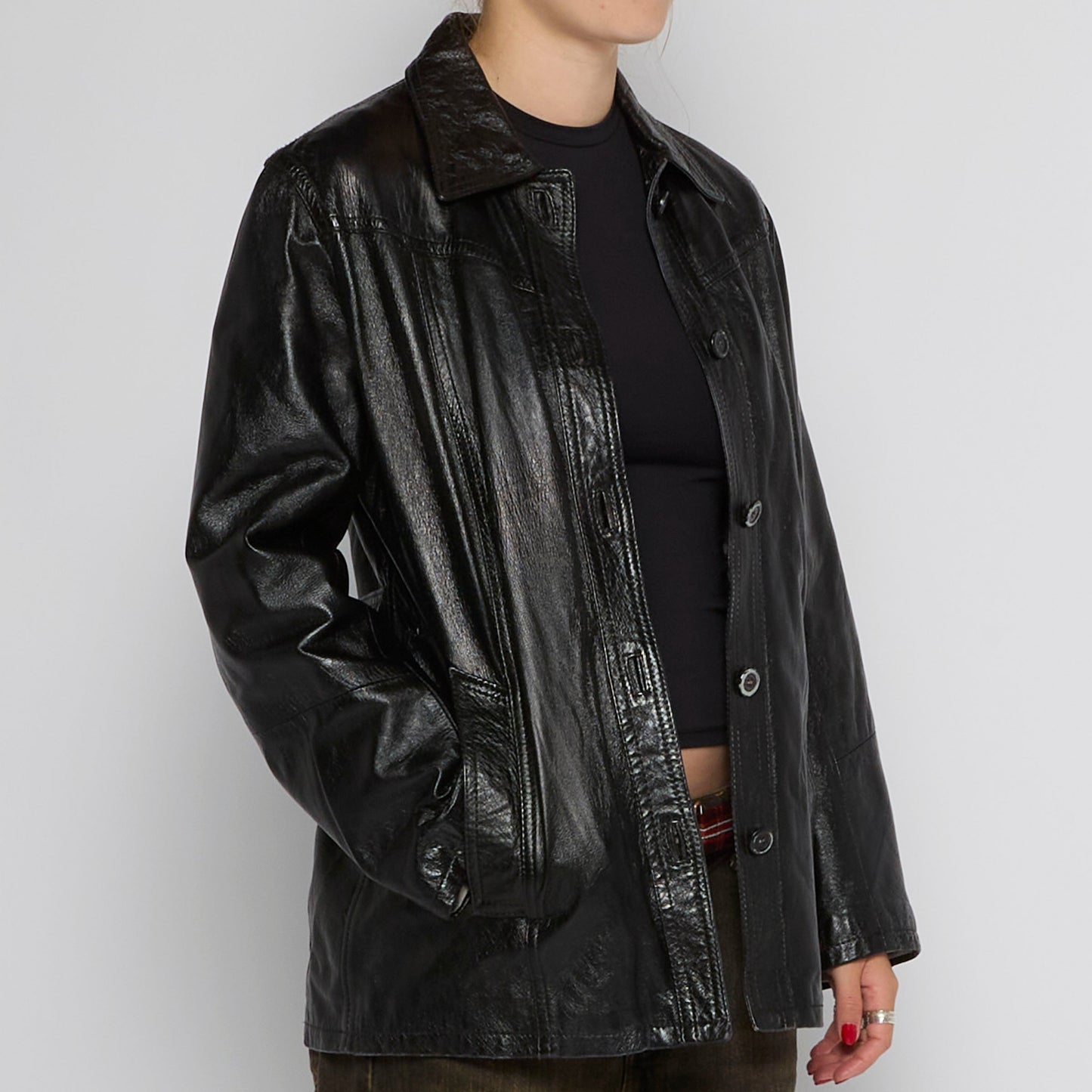 Leather Shirt Style Buttoned Leather Jacket - UK 10