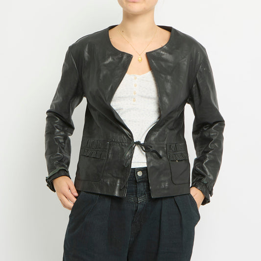 Ruffle Detail Tie Boxy Faux Leather Jacket- UK 10