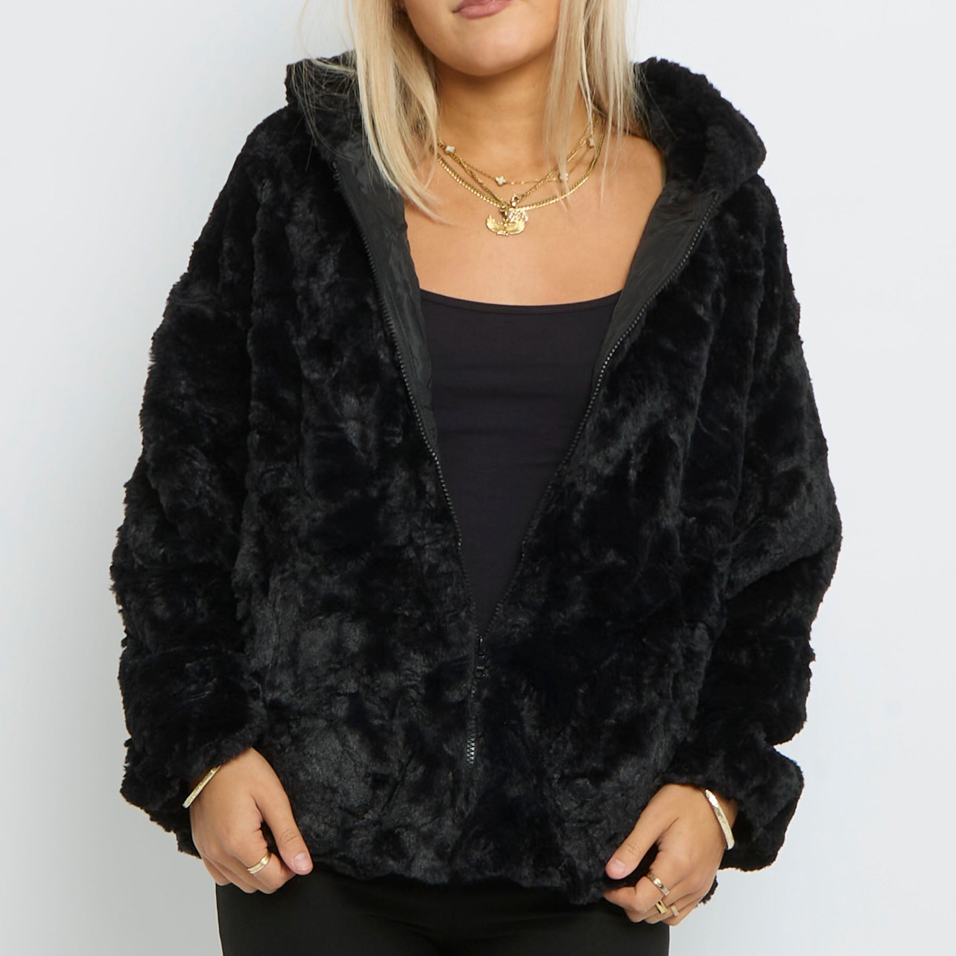 Faux Fur Zip Up Hooded Jacket- UK10