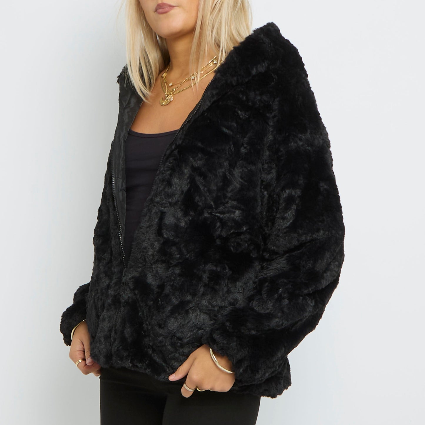 Faux Fur Zip Up Hooded Jacket- UK10